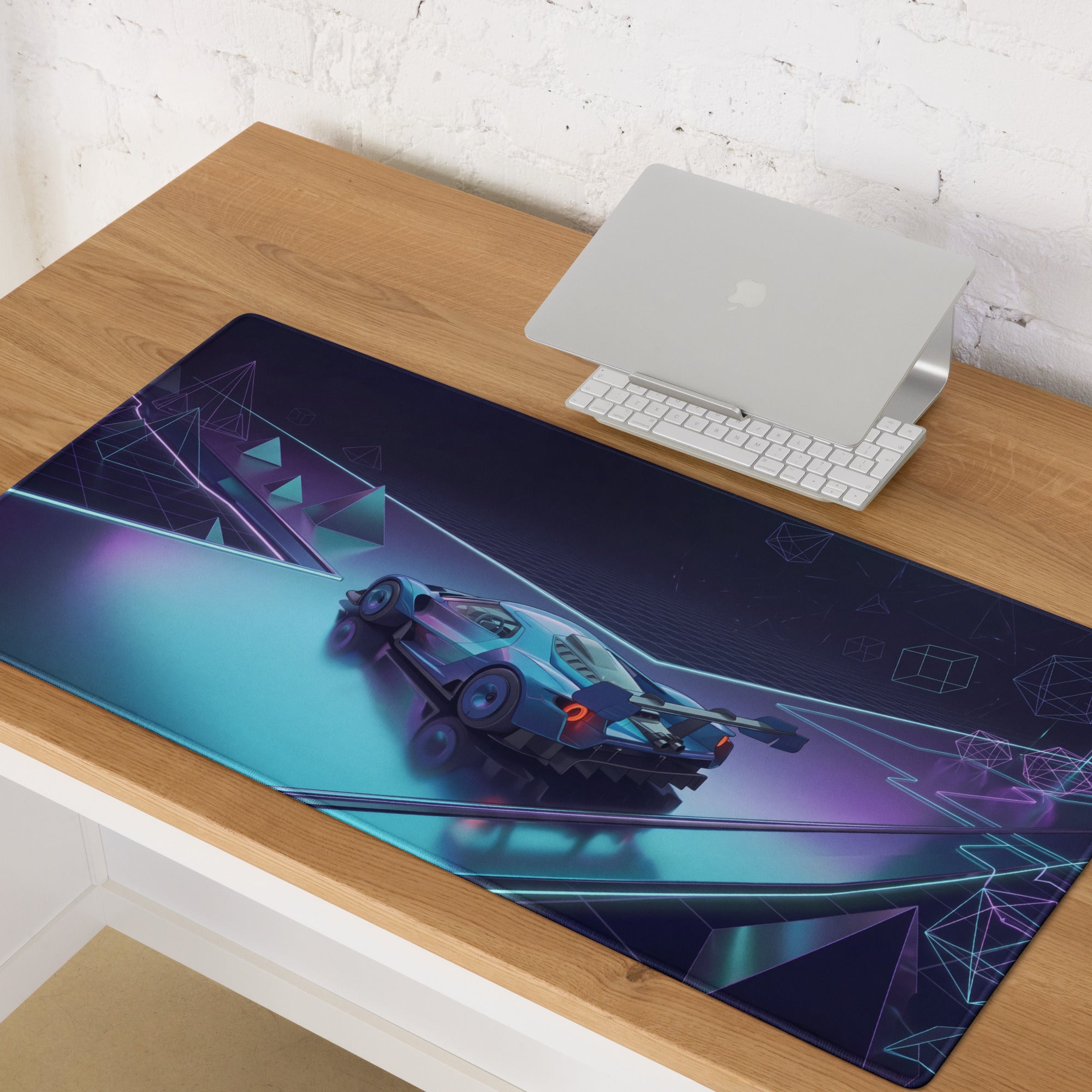 Ford GT Mk IV Inspired Silver Blue Vaporwave Gaming Mouse Pad – Neon Cyan Purple Futuristic Track Desk Mat, Geometric Supercar Digital Art