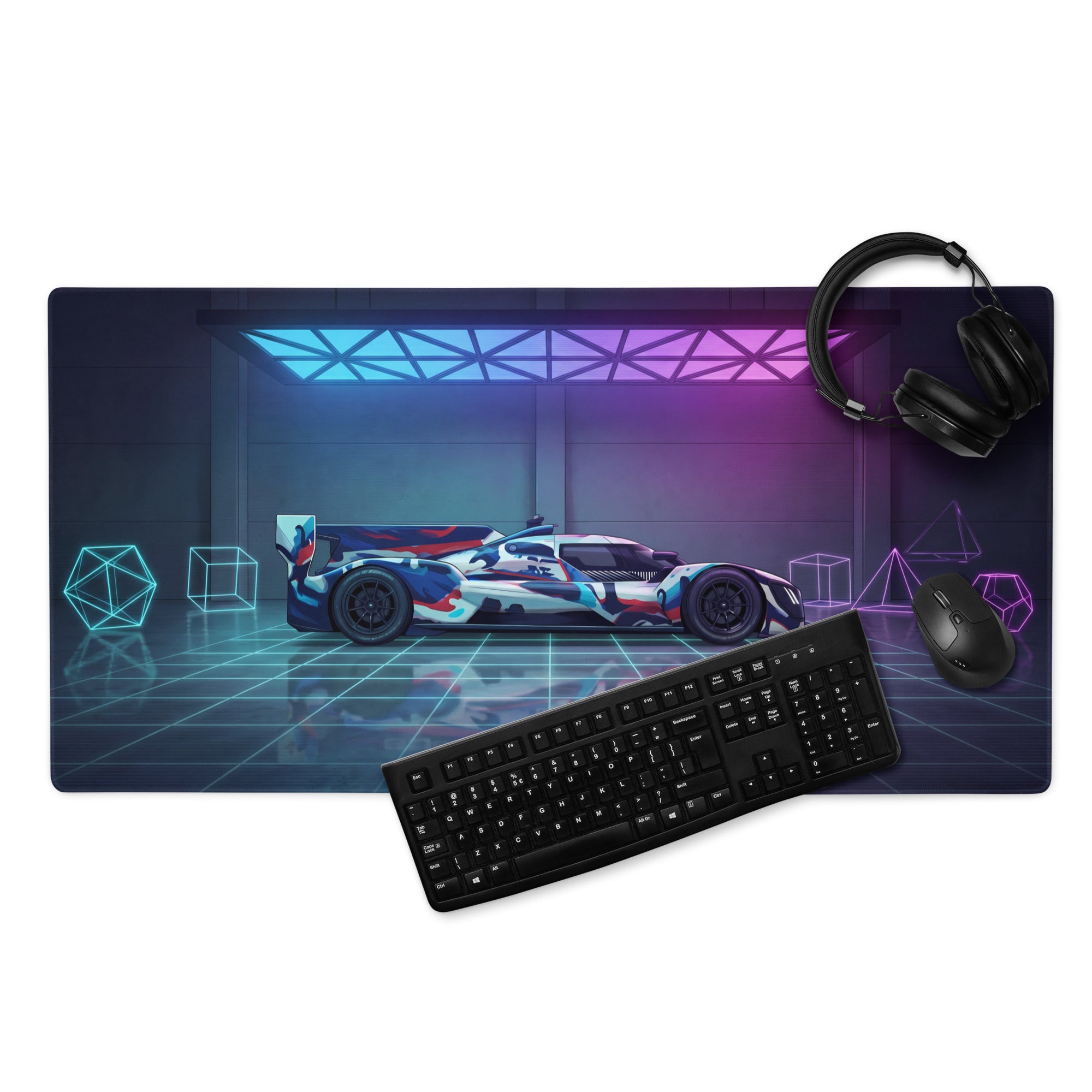 BMW M Hybrid V8 LMDh Inspired Blue Red Vaporwave Gaming Mouse Pad – Neon Cyan Purple Garage Desk Mat, Futuristic Le Mans Race Car Digital Artwork