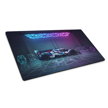 BMW M Hybrid V8 LMDh Inspired Blue Red Vaporwave Gaming Mouse Pad – Neon Cyan Purple Garage Desk Mat, Futuristic Le Mans Race Car Digital Artwork