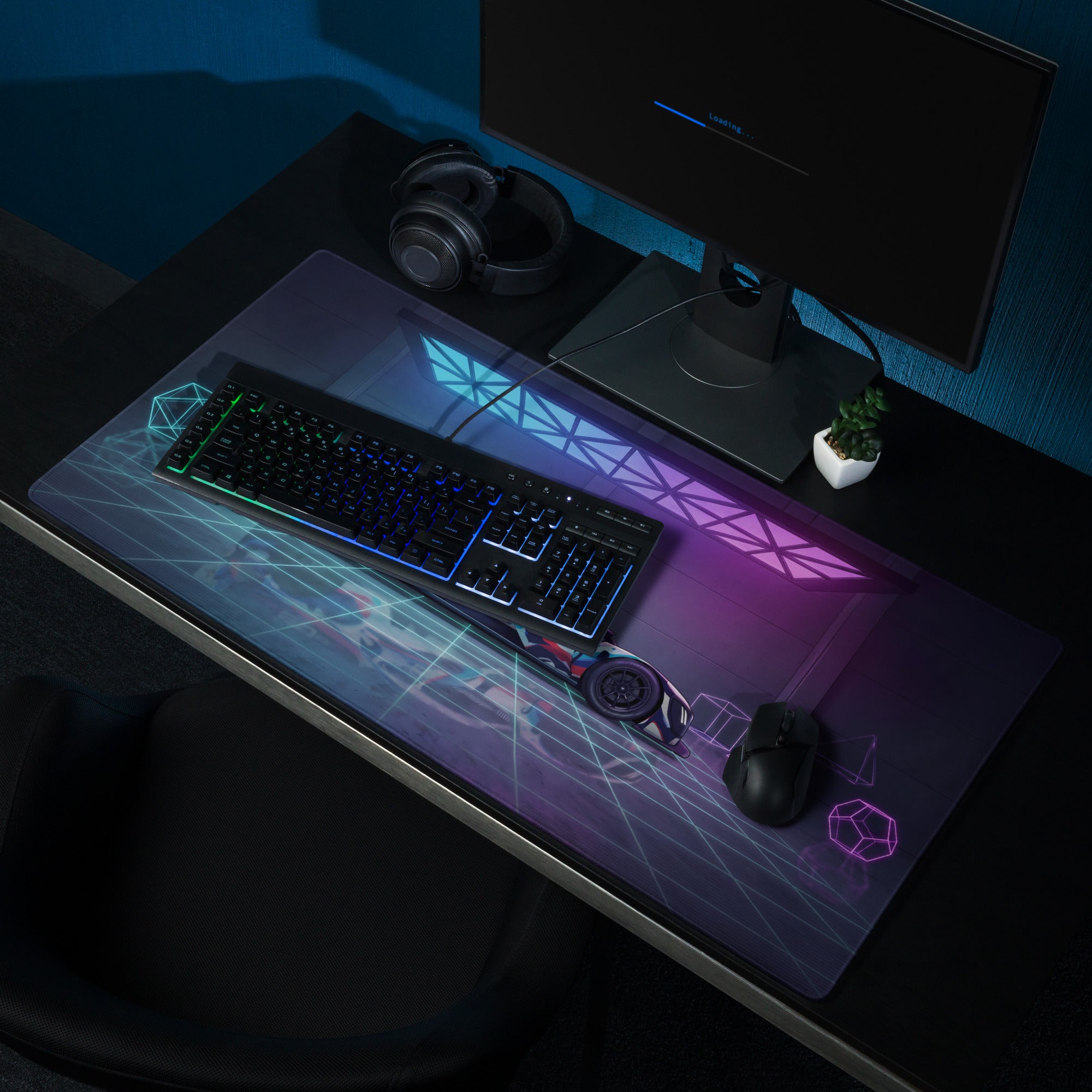 BMW M Hybrid V8 LMDh Inspired Blue Red Vaporwave Gaming Mouse Pad – Neon Cyan Purple Garage Desk Mat, Futuristic Le Mans Race Car Digital Artwork