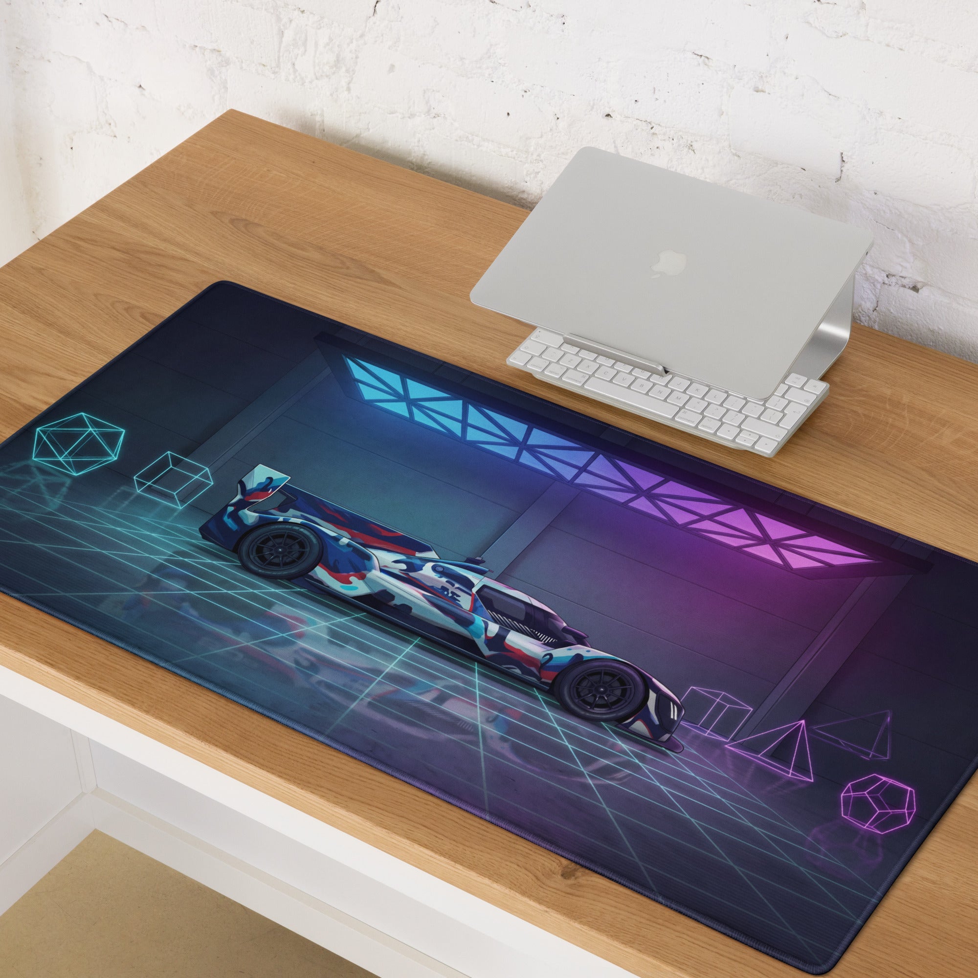 BMW M Hybrid V8 LMDh Inspired Blue Red Vaporwave Gaming Mouse Pad – Neon Cyan Purple Garage Desk Mat, Futuristic Le Mans Race Car Digital Artwork