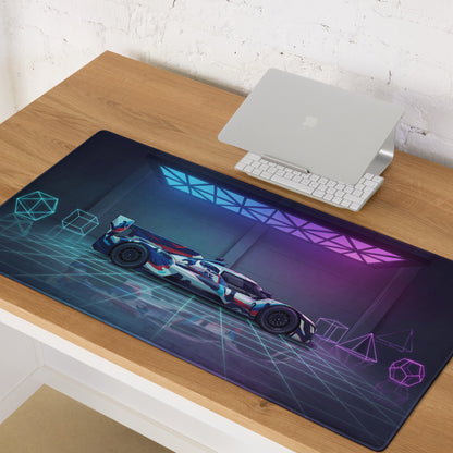 BMW M Hybrid V8 LMDh Inspired Blue Red Vaporwave Gaming Mouse Pad – Neon Cyan Purple Garage Desk Mat, Futuristic Le Mans Race Car Digital Artwork