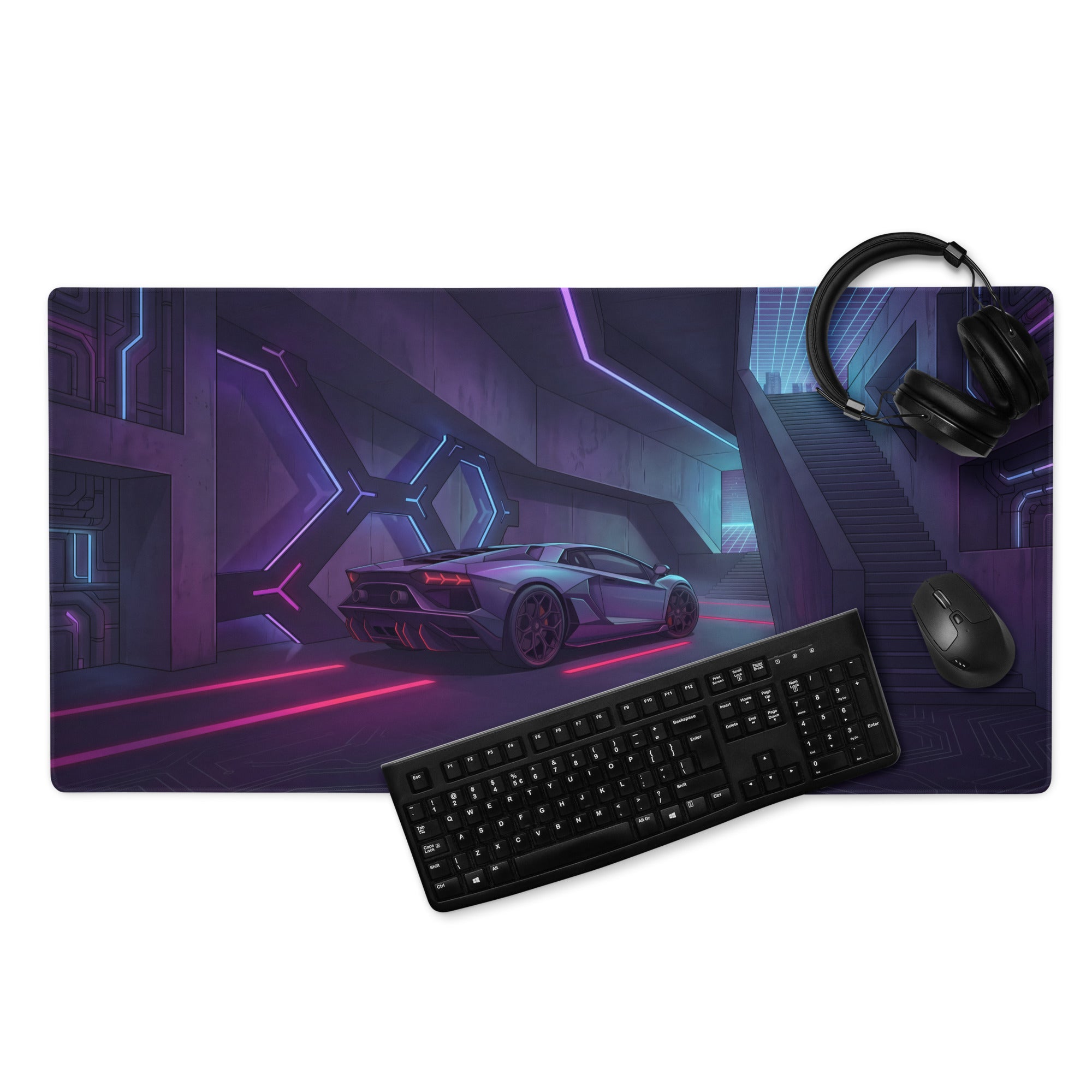 Lamborghini Aventador Inspired Gray Purple Vaporwave Gaming Mouse Pad – Neon Pink Cyberpunk Corridor Desk Mat, Futuristic Supercar Digital Art