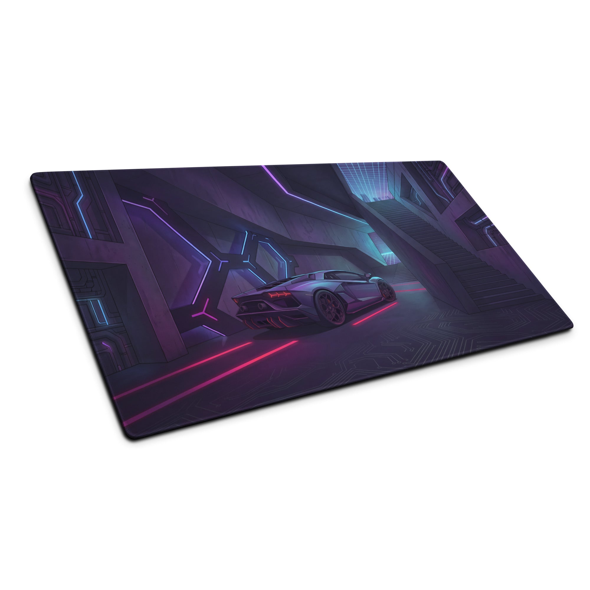 Lamborghini Aventador Inspired Gray Purple Vaporwave Gaming Mouse Pad – Neon Pink Cyberpunk Corridor Desk Mat, Futuristic Supercar Digital Art
