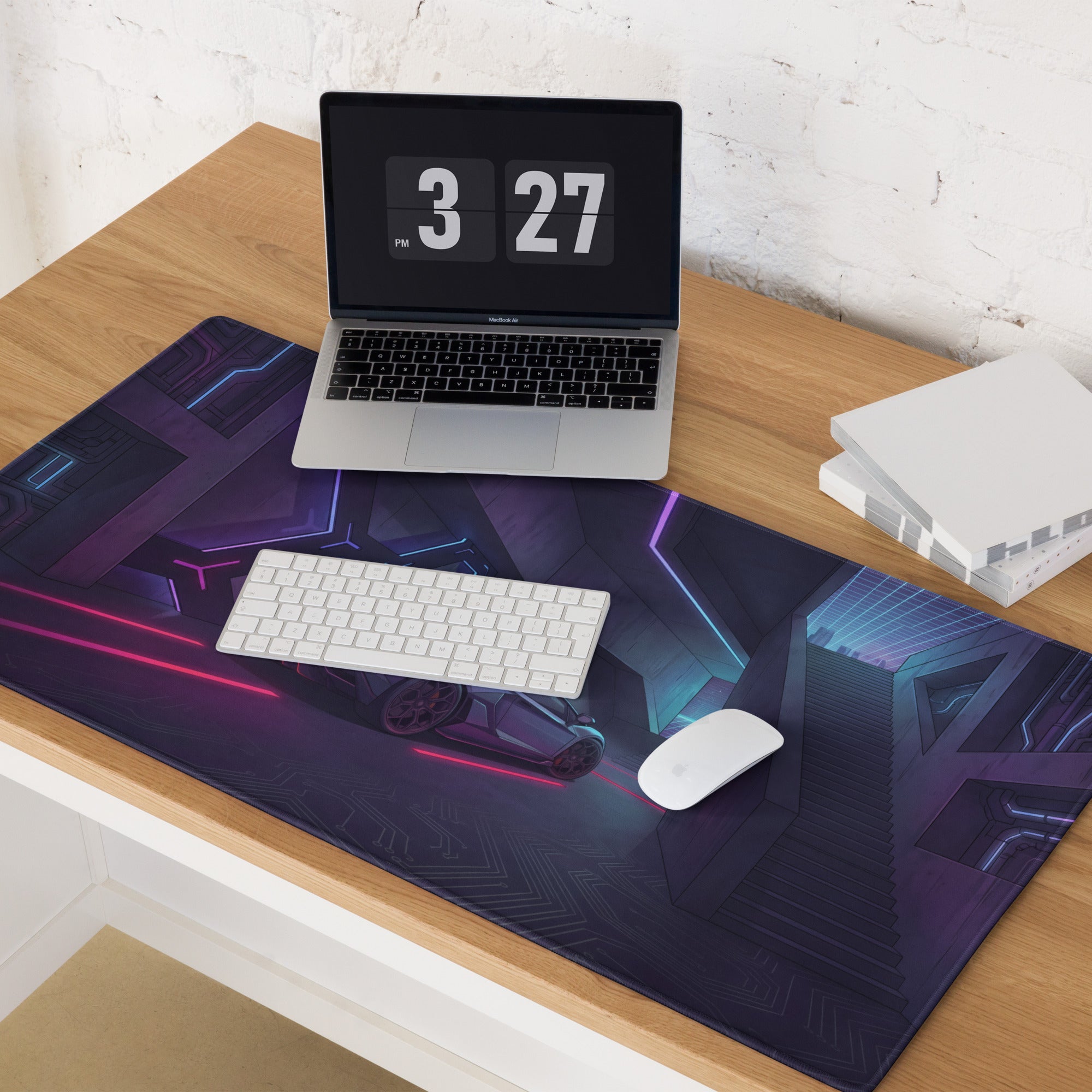 Lamborghini Aventador Inspired Gray Purple Vaporwave Gaming Mouse Pad – Neon Pink Cyberpunk Corridor Desk Mat, Futuristic Supercar Digital Art