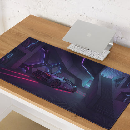 Lamborghini Aventador Inspired Gray Purple Vaporwave Gaming Mouse Pad – Neon Pink Cyberpunk Corridor Desk Mat, Futuristic Supercar Digital Art