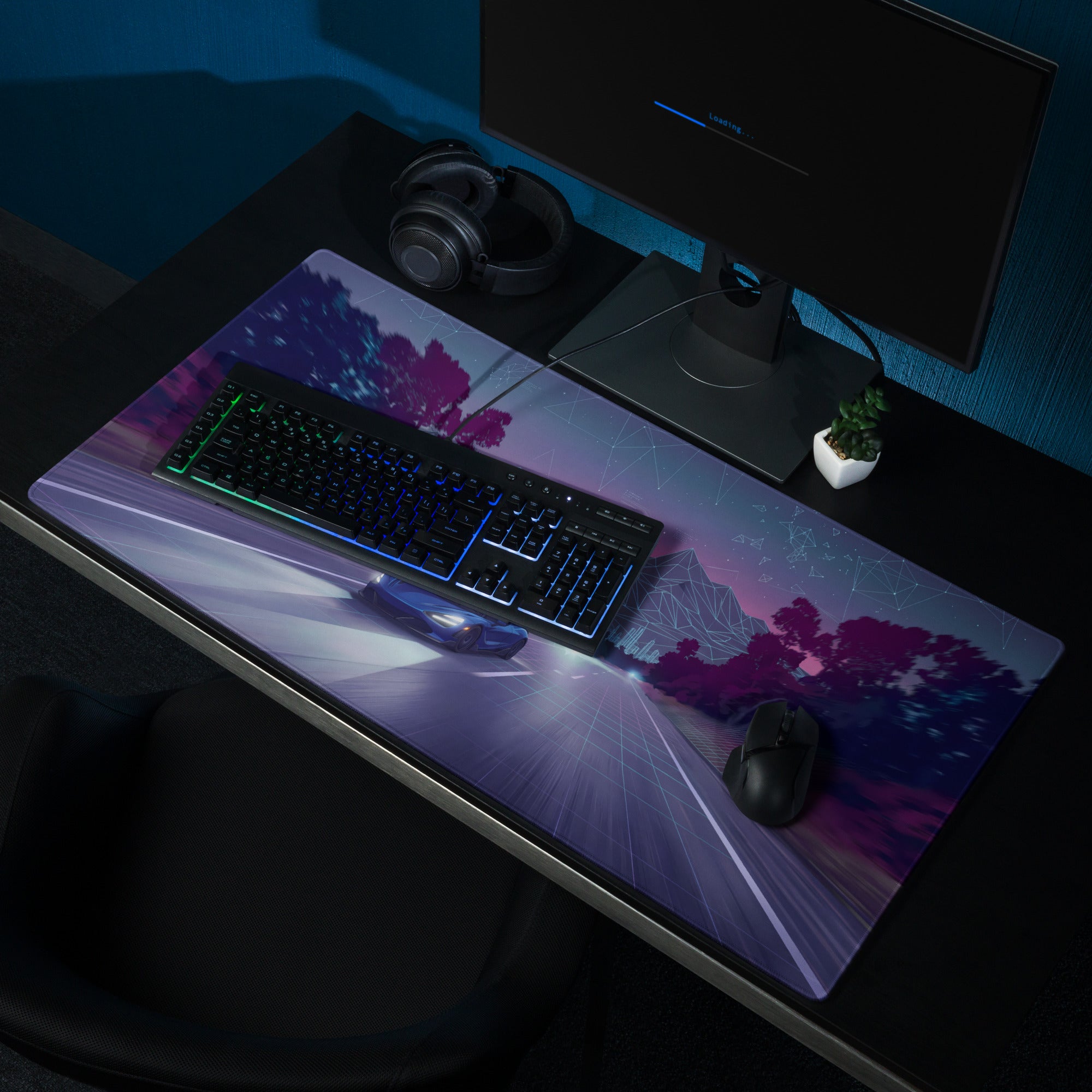 McLaren 720S Inspired Blue Purple Vaporwave Gaming Mouse Pad – Neon Highway Desk Mat, Futuristic Synthwave Supercar Digital Artwork