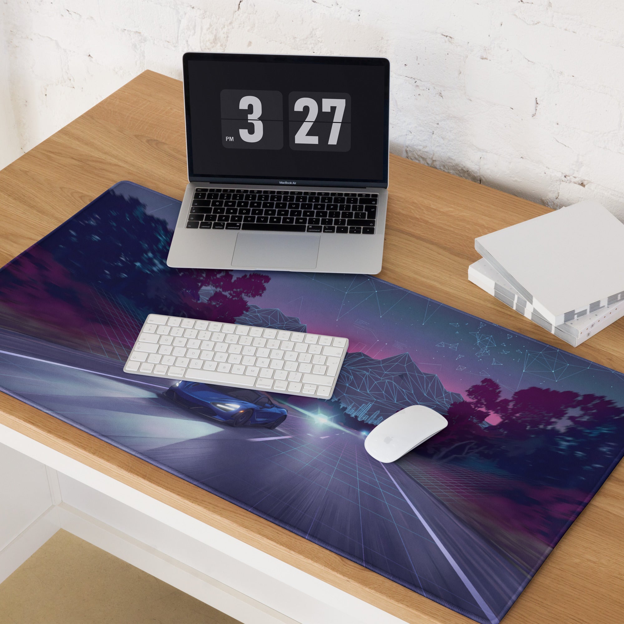 McLaren 720S Inspired Blue Purple Vaporwave Gaming Mouse Pad – Neon Highway Desk Mat, Futuristic Synthwave Supercar Digital Artwork