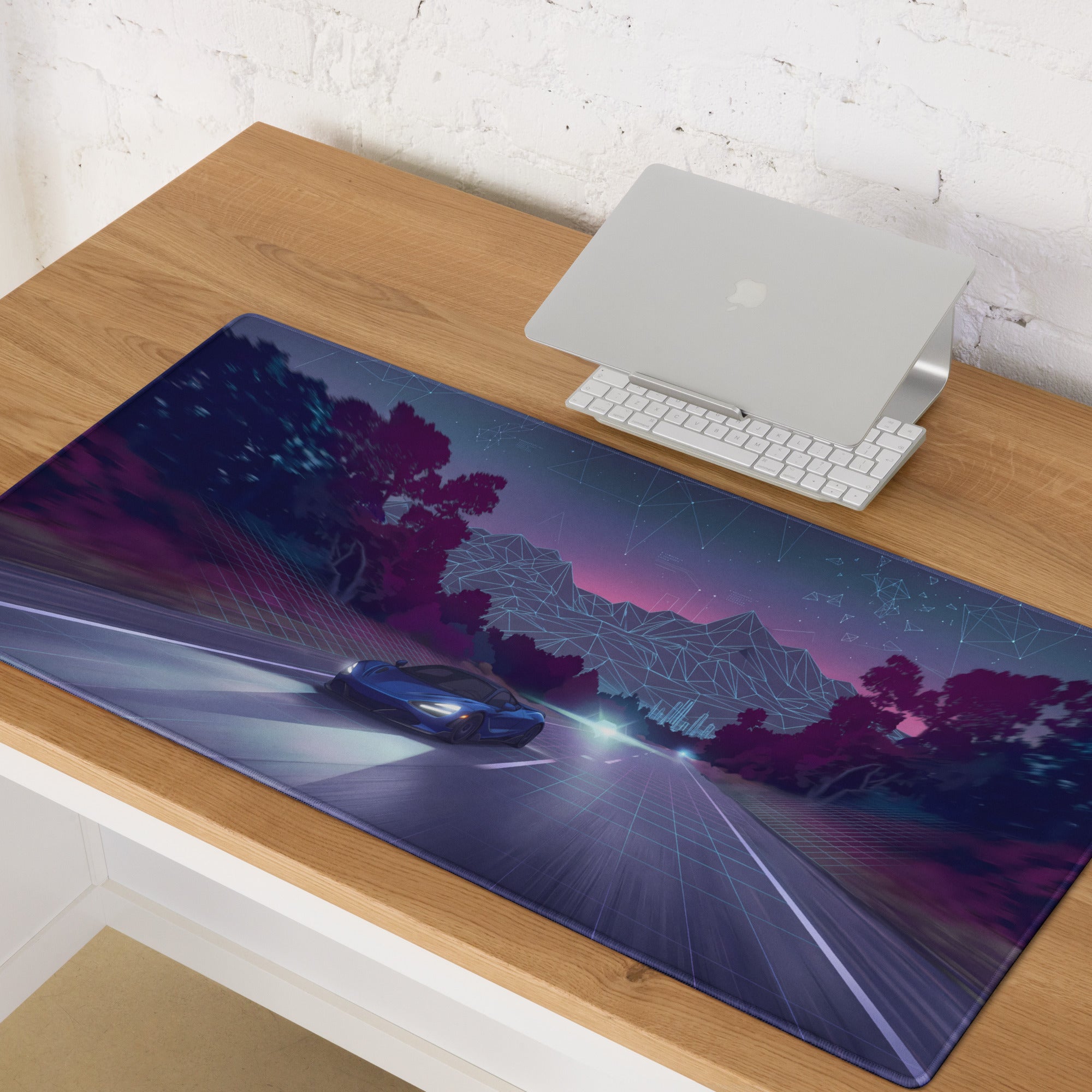 McLaren 720S Inspired Blue Purple Vaporwave Gaming Mouse Pad – Neon Highway Desk Mat, Futuristic Synthwave Supercar Digital Artwork