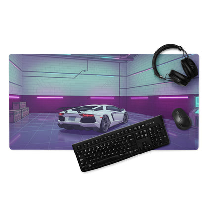 Lamborghini Aventador SVJ Inspired White Purple Vaporwave Gaming Mouse Pad – Neon Garage Desk Mat, Retro Futuristic Supercar Digital Artwork