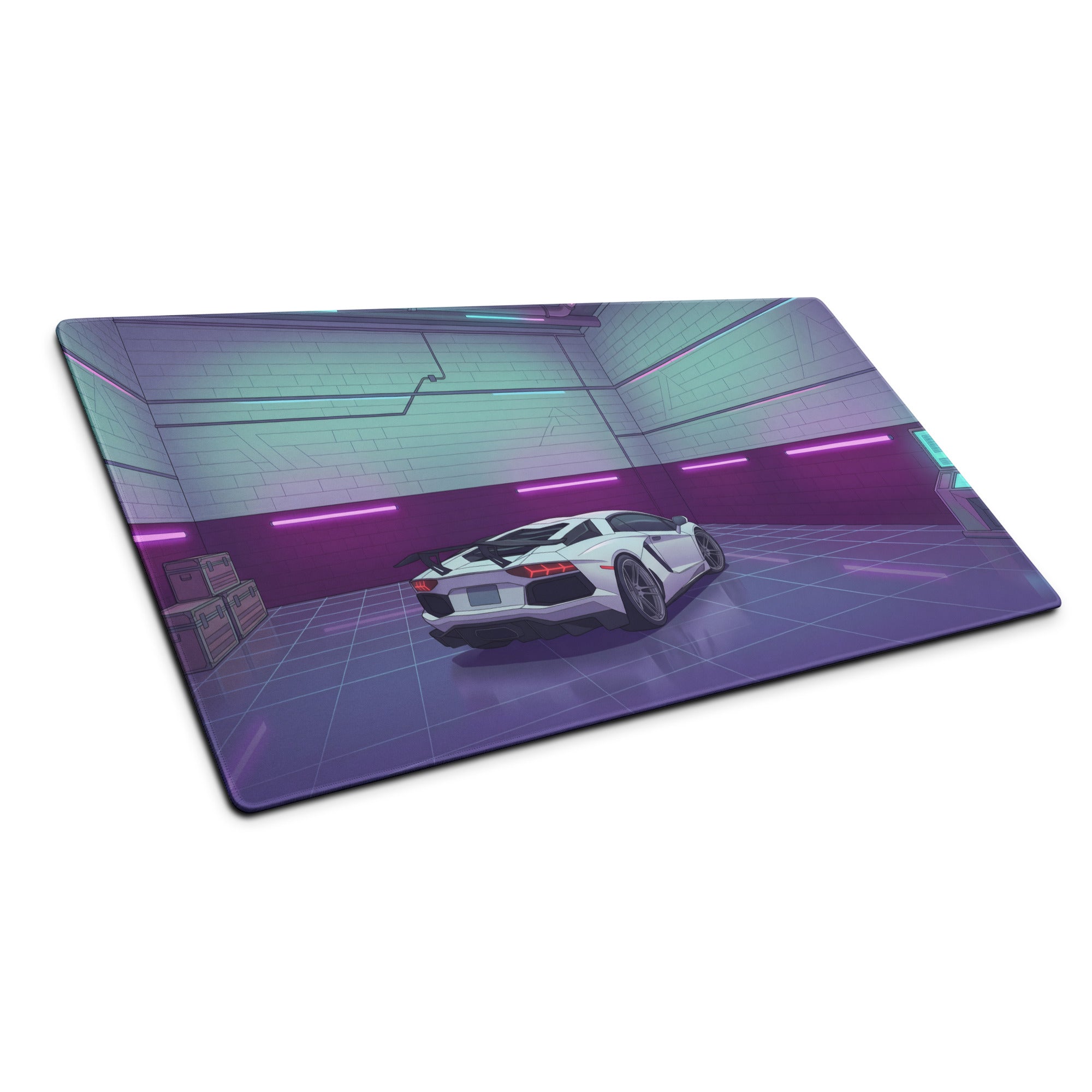 Lamborghini Aventador SVJ Inspired White Purple Vaporwave Gaming Mouse Pad – Neon Garage Desk Mat, Retro Futuristic Supercar Digital Artwork