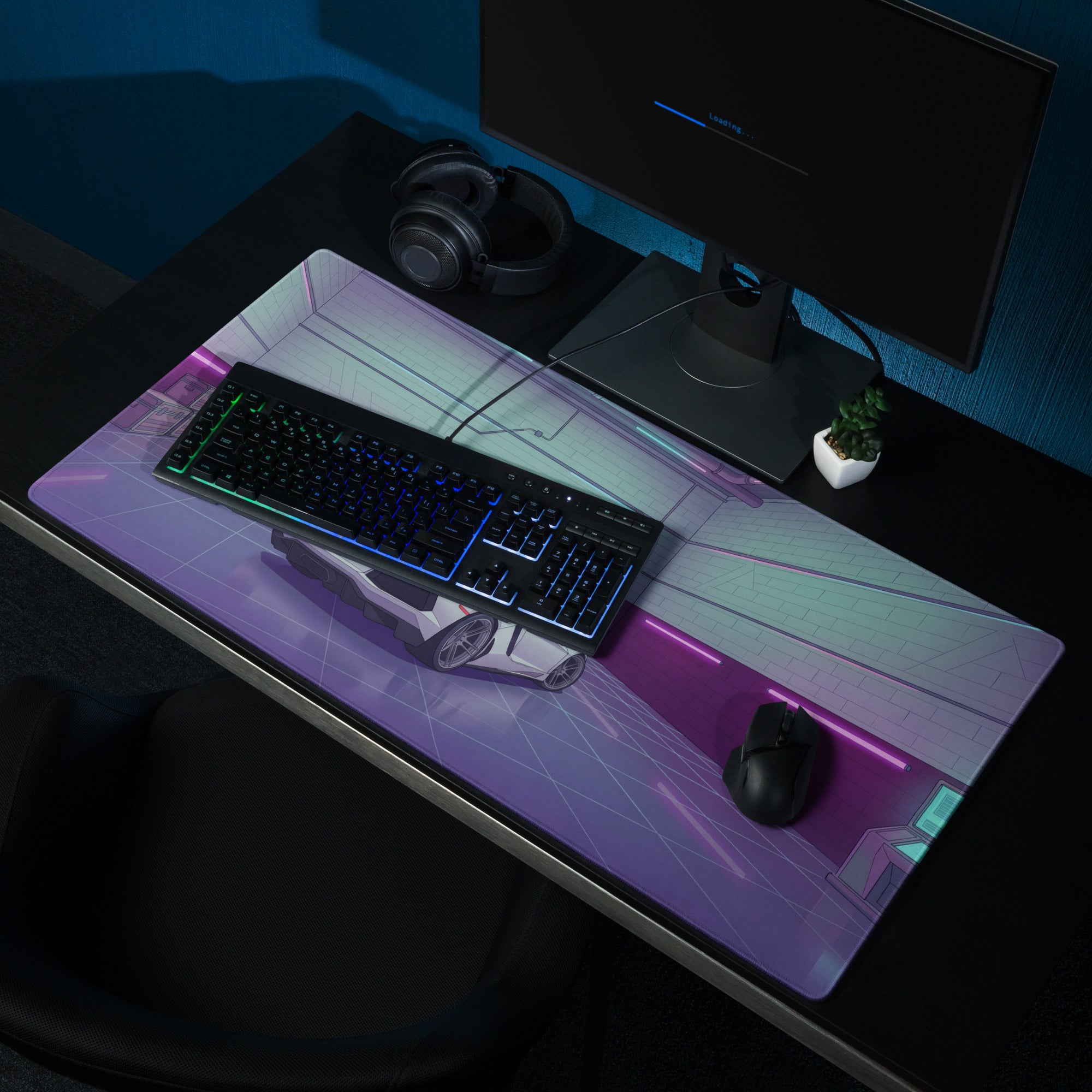 Lamborghini Aventador SVJ Inspired White Purple Vaporwave Gaming Mouse Pad – Neon Garage Desk Mat, Retro Futuristic Supercar Digital Artwork