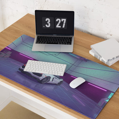Lamborghini Aventador SVJ Inspired White Purple Vaporwave Gaming Mouse Pad – Neon Garage Desk Mat, Retro Futuristic Supercar Digital Artwork