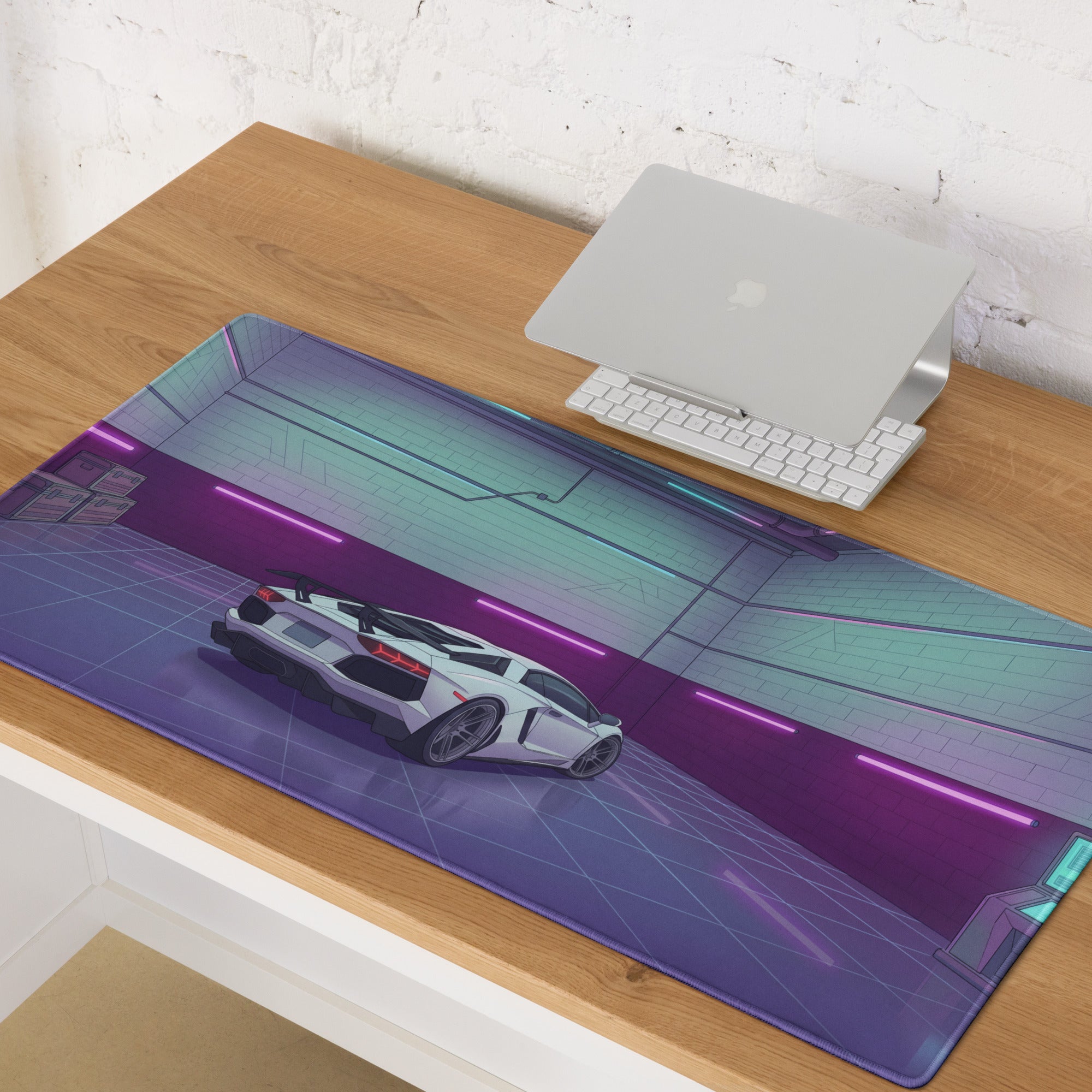 Lamborghini Aventador SVJ Inspired White Purple Vaporwave Gaming Mouse Pad – Neon Garage Desk Mat, Retro Futuristic Supercar Digital Artwork