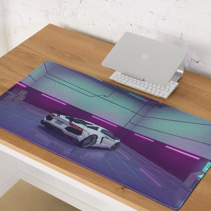 Lamborghini Aventador SVJ Inspired White Purple Vaporwave Gaming Mouse Pad – Neon Garage Desk Mat, Retro Futuristic Supercar Digital Artwork