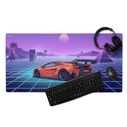 Lamborghini Temerario Inspired Orange Purple Vaporwave Gaming Mouse Pad – Neon Grid Sunset Desk Mat, Retro Futuristic Supercar Digital Artwork