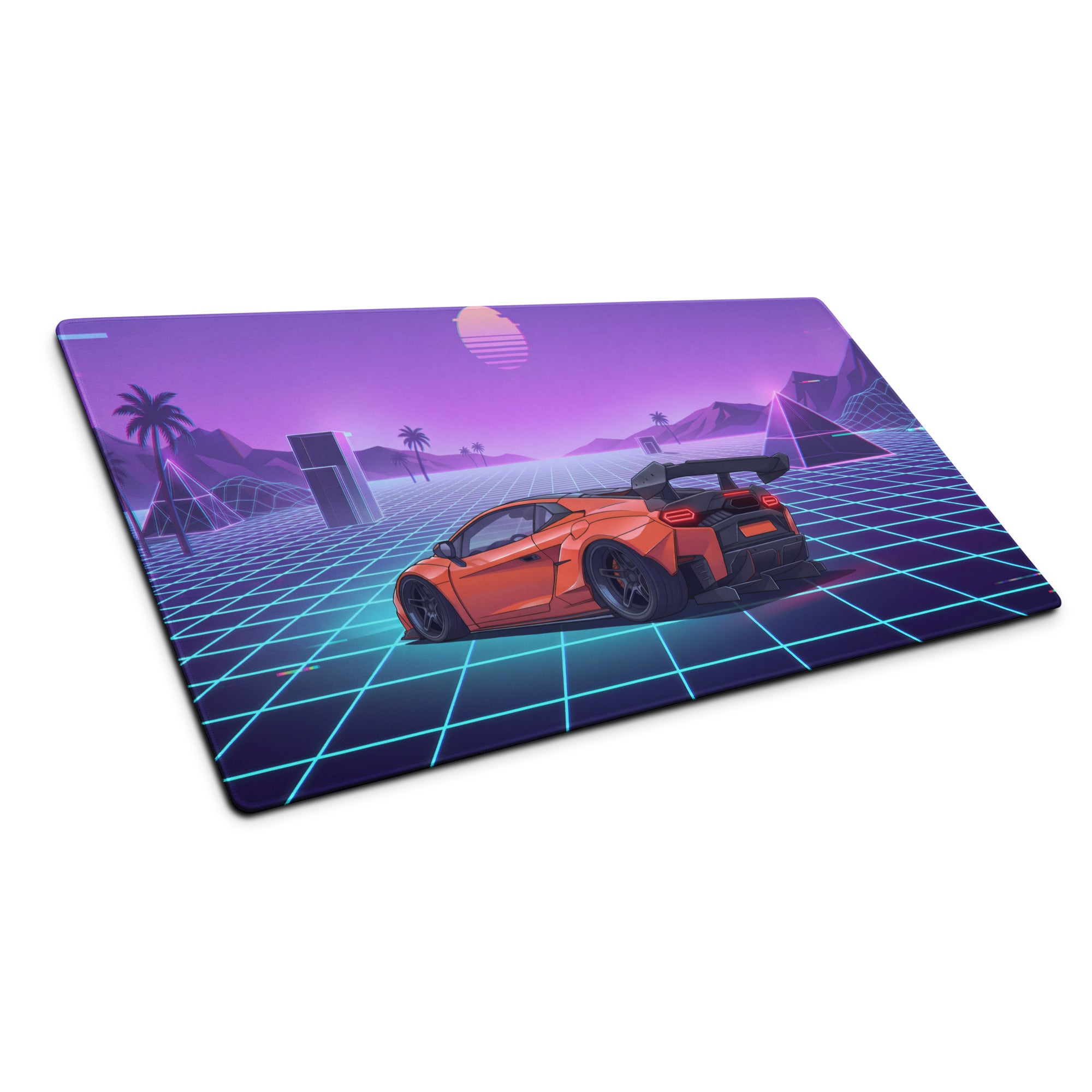 Lamborghini Temerario Inspired Orange Purple Vaporwave Gaming Mouse Pad – Neon Grid Sunset Desk Mat, Retro Futuristic Supercar Digital Artwork