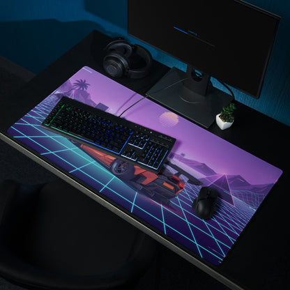 Lamborghini Temerario Inspired Orange Purple Vaporwave Gaming Mouse Pad – Neon Grid Sunset Desk Mat, Retro Futuristic Supercar Digital Artwork