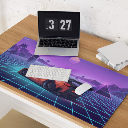 Lamborghini Temerario Inspired Orange Purple Vaporwave Gaming Mouse Pad – Neon Grid Sunset Desk Mat, Retro Futuristic Supercar Digital Artwork