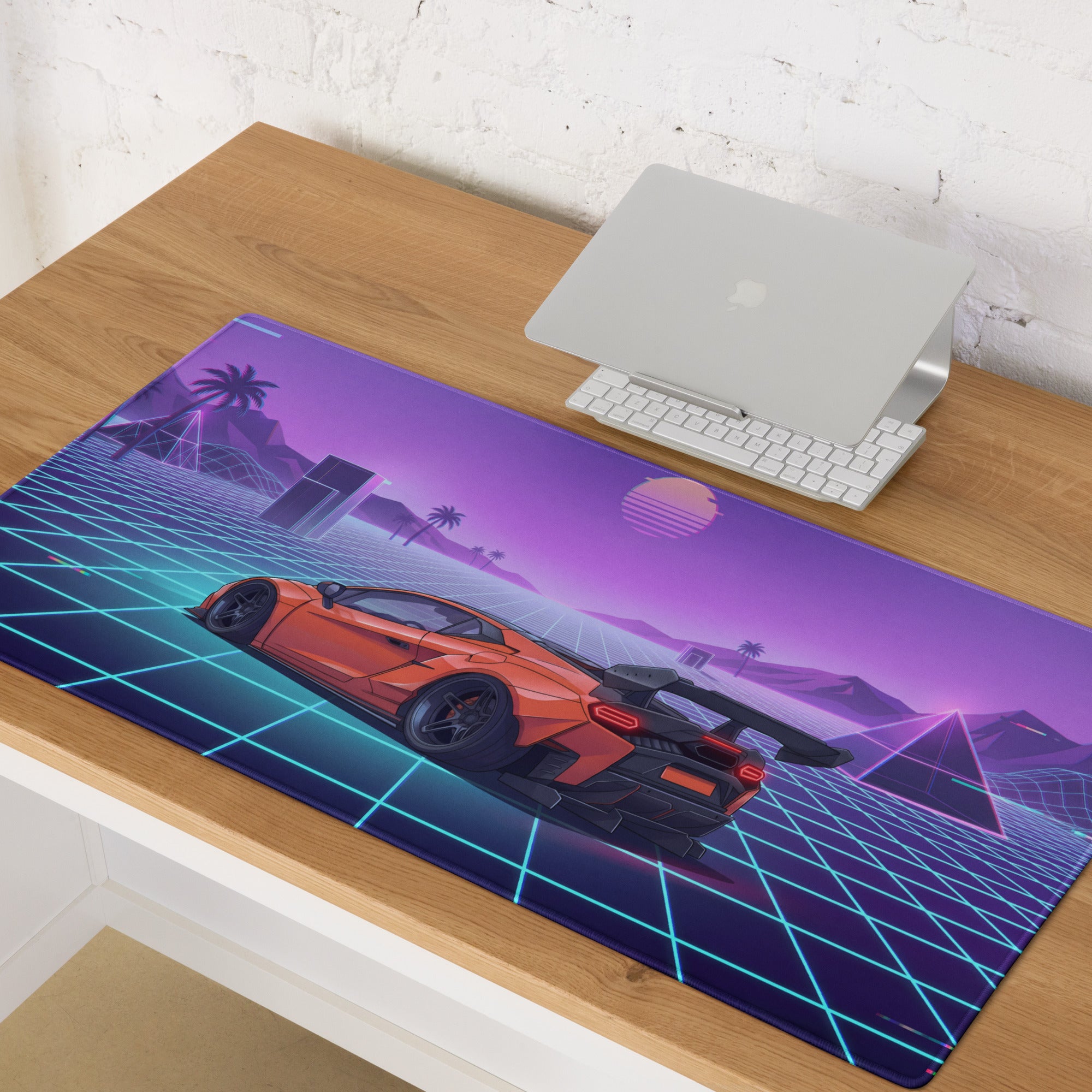 Lamborghini Temerario Inspired Orange Purple Vaporwave Gaming Mouse Pad – Neon Grid Sunset Desk Mat, Retro Futuristic Supercar Digital Artwork