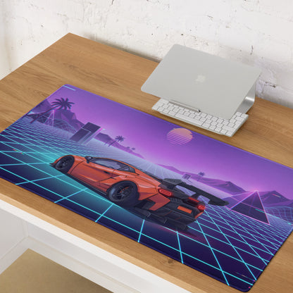 Lamborghini Temerario Inspired Orange Purple Vaporwave Gaming Mouse Pad – Neon Grid Sunset Desk Mat, Retro Futuristic Supercar Digital Artwork