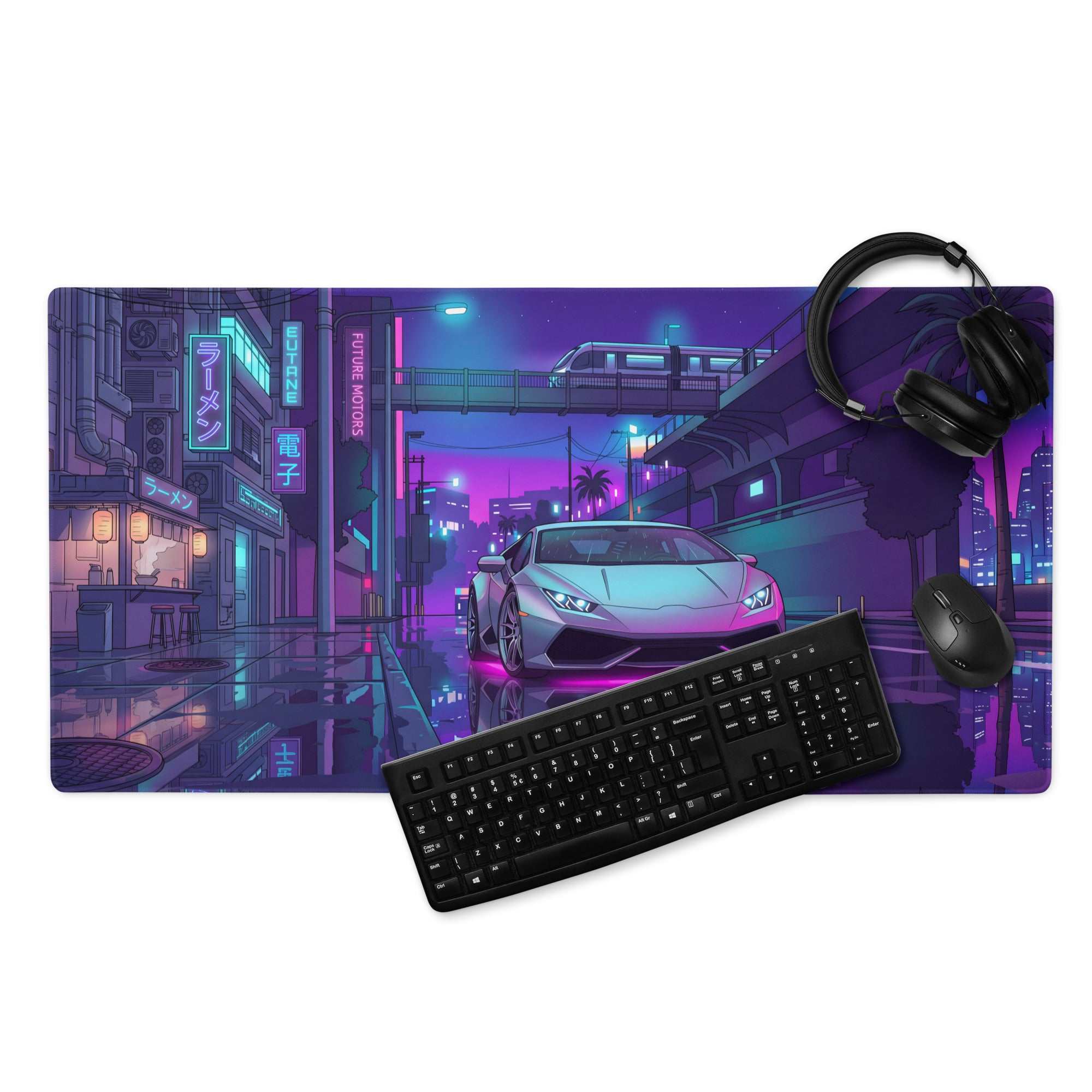 Lamborghini Huracán Inspired Silver Purple Vaporwave Gaming Mouse Pad – Neon Tokyo Street Desk Mat, Cyberpunk Supercar Digital Artwork