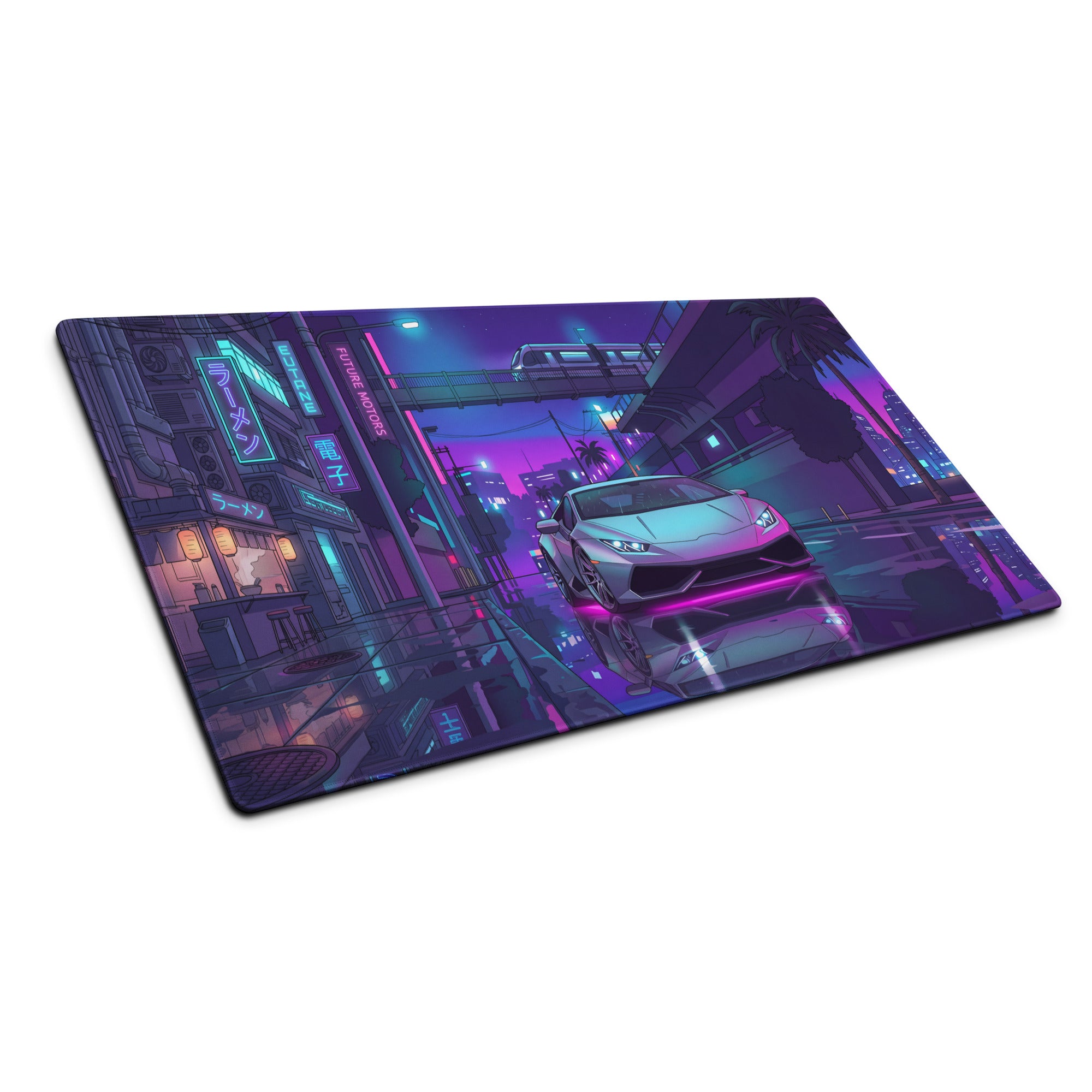 Lamborghini Huracán Inspired Silver Purple Vaporwave Gaming Mouse Pad – Neon Tokyo Street Desk Mat, Cyberpunk Supercar Digital Artwork