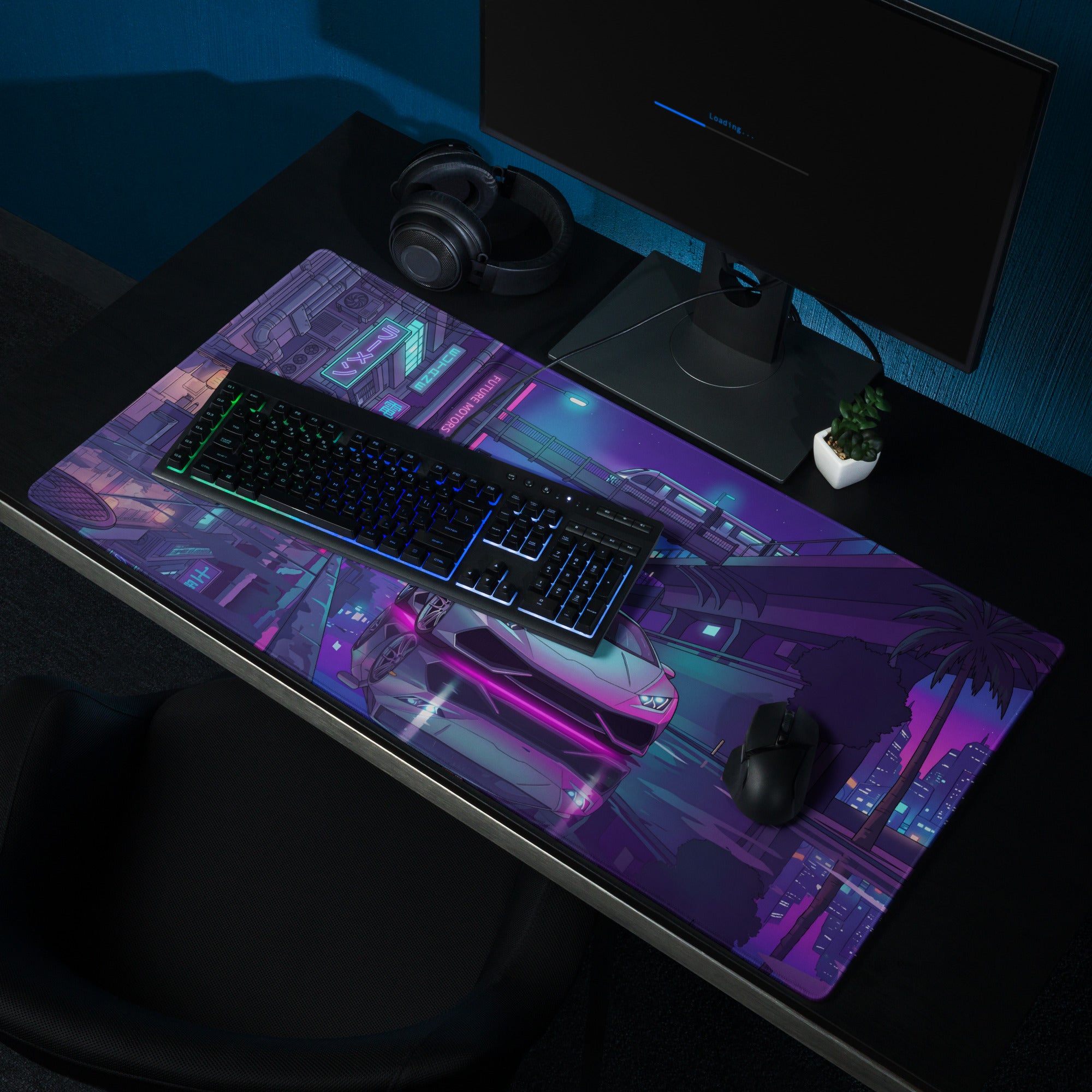 Lamborghini Huracán Inspired Silver Purple Vaporwave Gaming Mouse Pad – Neon Tokyo Street Desk Mat, Cyberpunk Supercar Digital Artwork