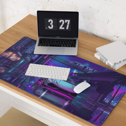 Lamborghini Huracán Inspired Silver Purple Vaporwave Gaming Mouse Pad – Neon Tokyo Street Desk Mat, Cyberpunk Supercar Digital Artwork