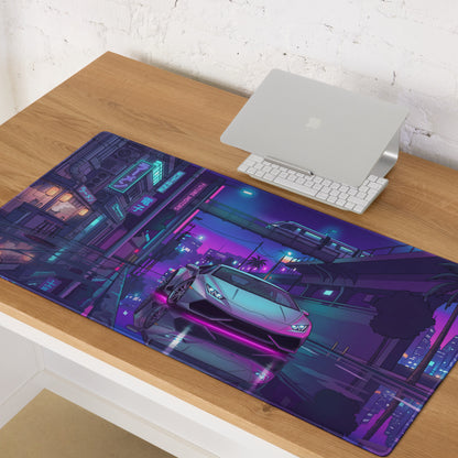 Lamborghini Huracán Inspired Silver Purple Vaporwave Gaming Mouse Pad – Neon Tokyo Street Desk Mat, Cyberpunk Supercar Digital Artwork