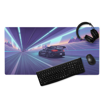Mercedes-AMG GT Black Series Inspired Black Blue Vaporwave Gaming Mouse Pad – Neon Tunnel Desk Mat, Retro Futuristic Supercar Digital Artwork