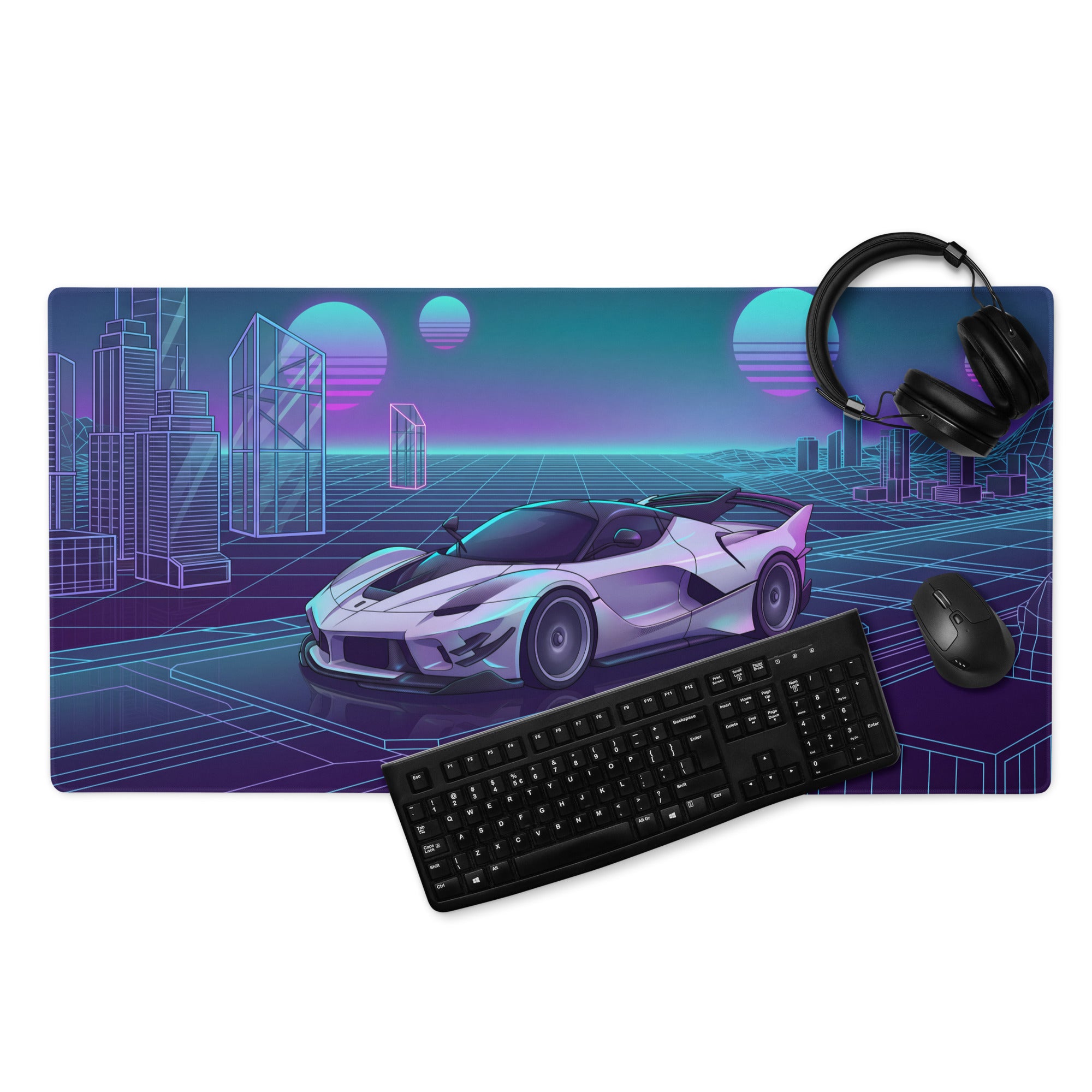 Ferrari FXX-K Evo Inspired White Blue Vaporwave Gaming Mouse Pad – Neon Grid City Desk Mat, Retro Futuristic Hypercar Digital Artwork