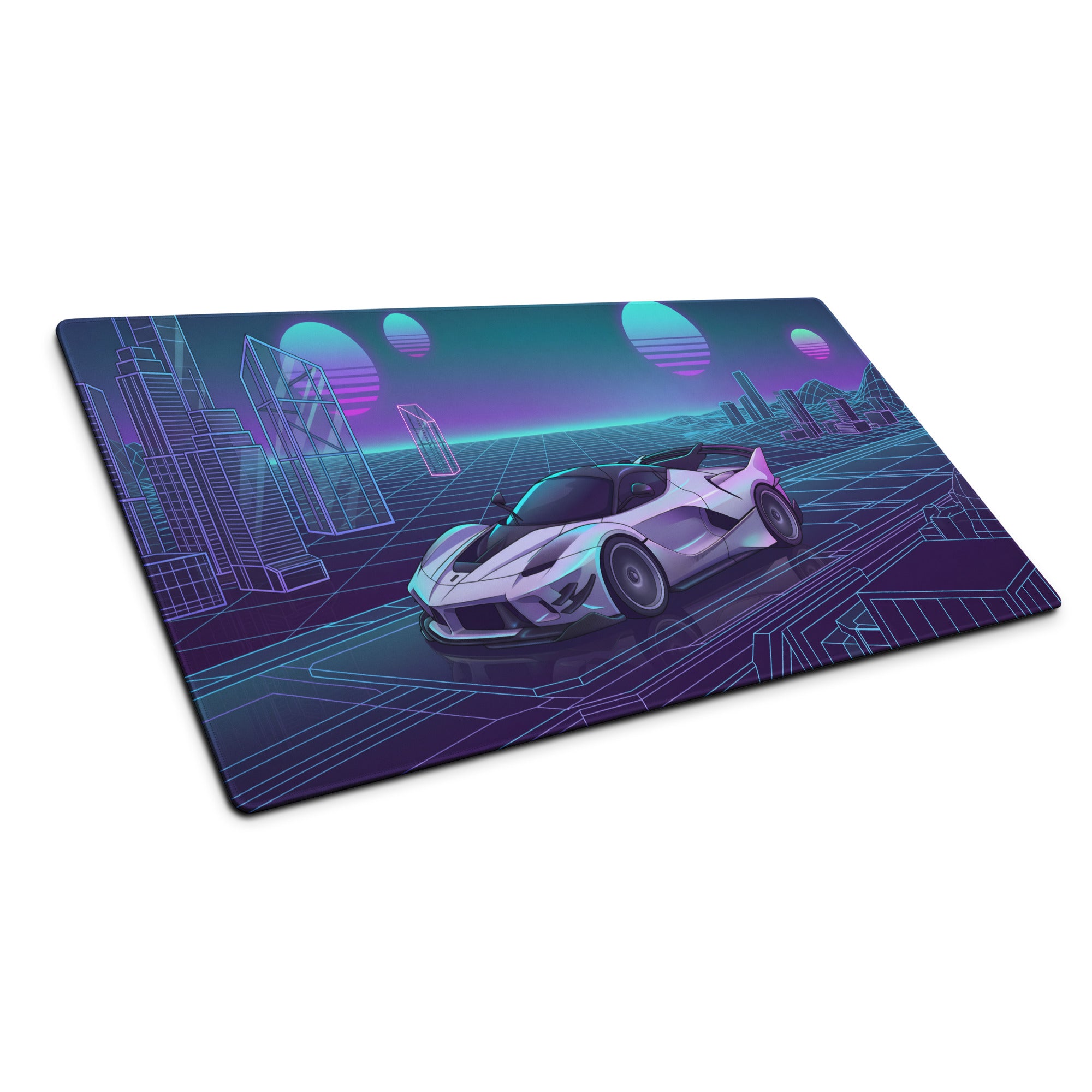 Ferrari FXX-K Evo Inspired White Blue Vaporwave Gaming Mouse Pad – Neon Grid City Desk Mat, Retro Futuristic Hypercar Digital Artwork