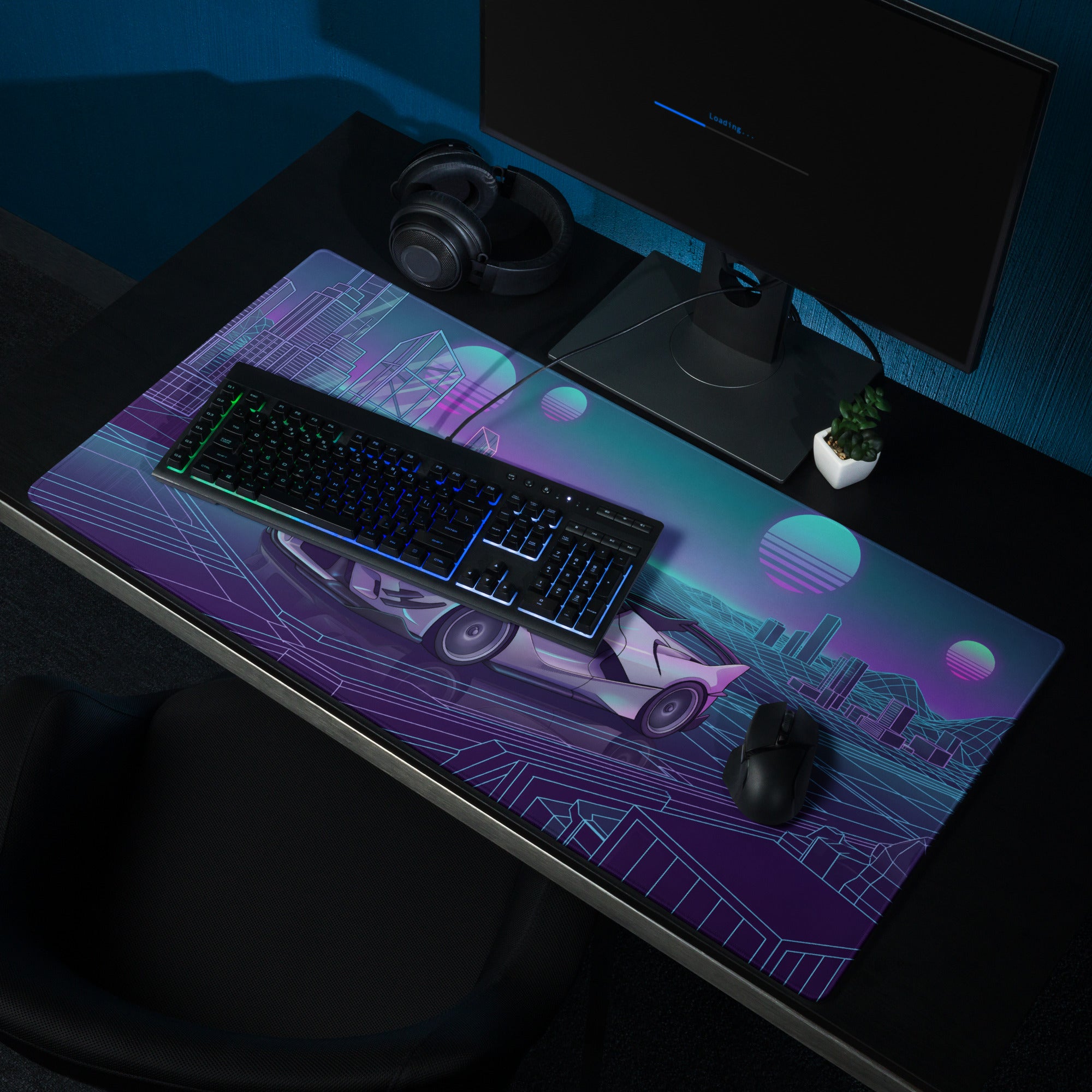 Ferrari FXX-K Evo Inspired White Blue Vaporwave Gaming Mouse Pad – Neon Grid City Desk Mat, Retro Futuristic Hypercar Digital Artwork
