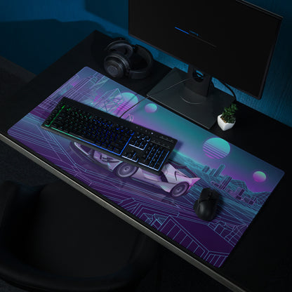 Ferrari FXX-K Evo Inspired White Blue Vaporwave Gaming Mouse Pad – Neon Grid City Desk Mat, Retro Futuristic Hypercar Digital Artwork