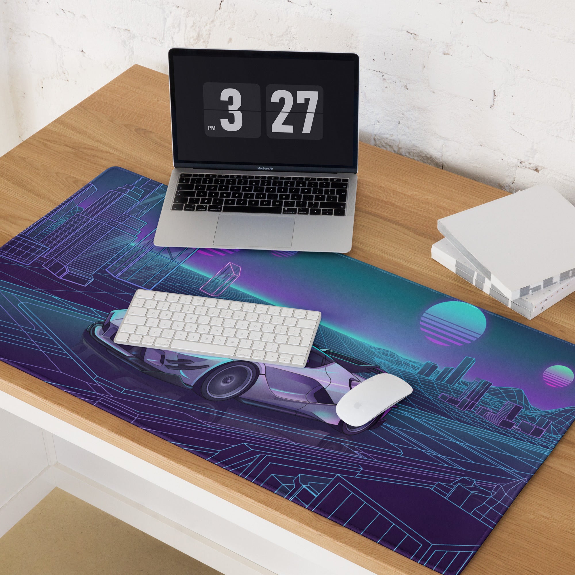 Ferrari FXX-K Evo Inspired White Blue Vaporwave Gaming Mouse Pad – Neon Grid City Desk Mat, Retro Futuristic Hypercar Digital Artwork