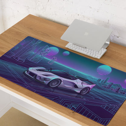 Ferrari FXX-K Evo Inspired White Blue Vaporwave Gaming Mouse Pad – Neon Grid City Desk Mat, Retro Futuristic Hypercar Digital Artwork
