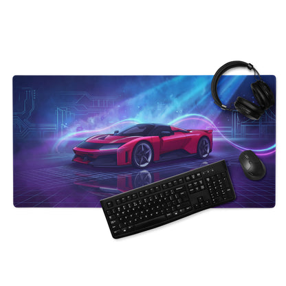 Ferrari F80 Inspired Red Blue Vaporwave Gaming Mouse Pad – Neon Circuit City Desk Mat, Futuristic Hypercar Digital Artwork