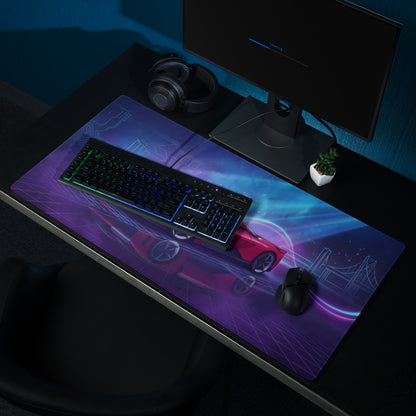Ferrari F80 Inspired Red Blue Vaporwave Gaming Mouse Pad – Neon Circuit City Desk Mat, Futuristic Hypercar Digital Artwork