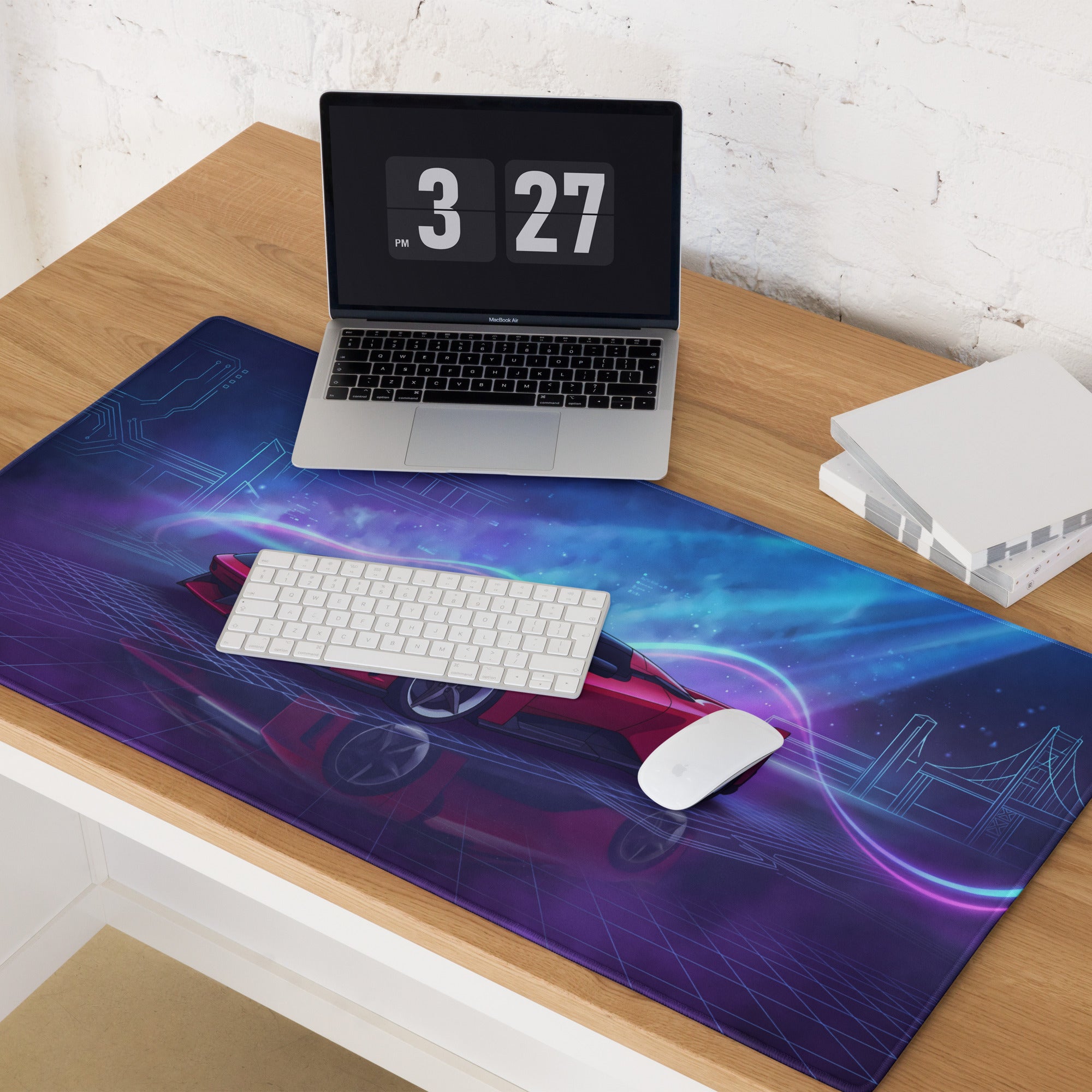 Ferrari F80 Inspired Red Blue Vaporwave Gaming Mouse Pad – Neon Circuit City Desk Mat, Futuristic Hypercar Digital Artwork