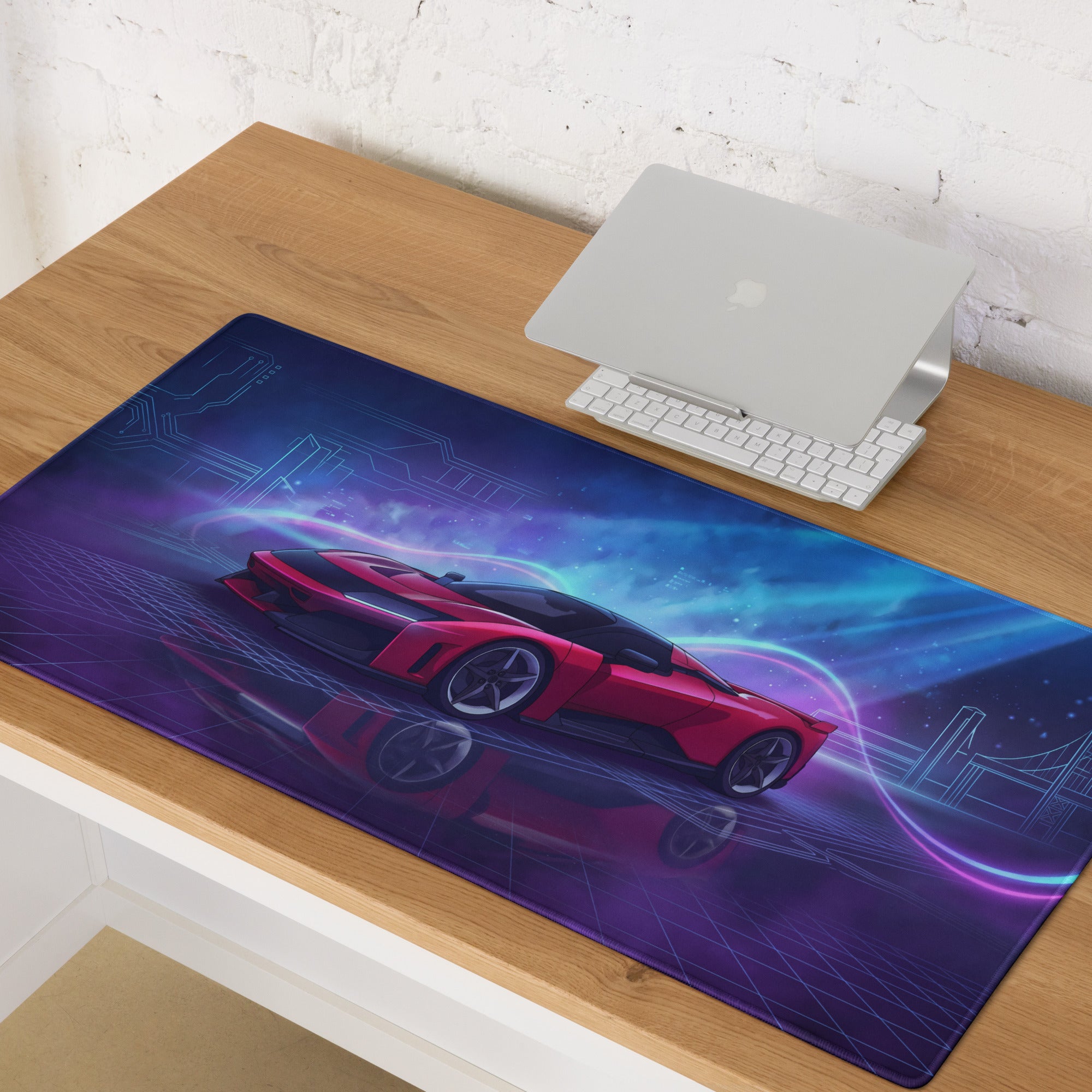 Ferrari F80 Inspired Red Blue Vaporwave Gaming Mouse Pad – Neon Circuit City Desk Mat, Futuristic Hypercar Digital Artwork