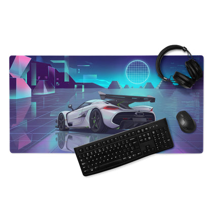 Koenigsegg Jesko Attack Inspired White Cyan Vaporwave Gaming Mouse Pad – Neon Grid Landscape Desk Mat, Retro Futuristic Hypercar Digital Artwork