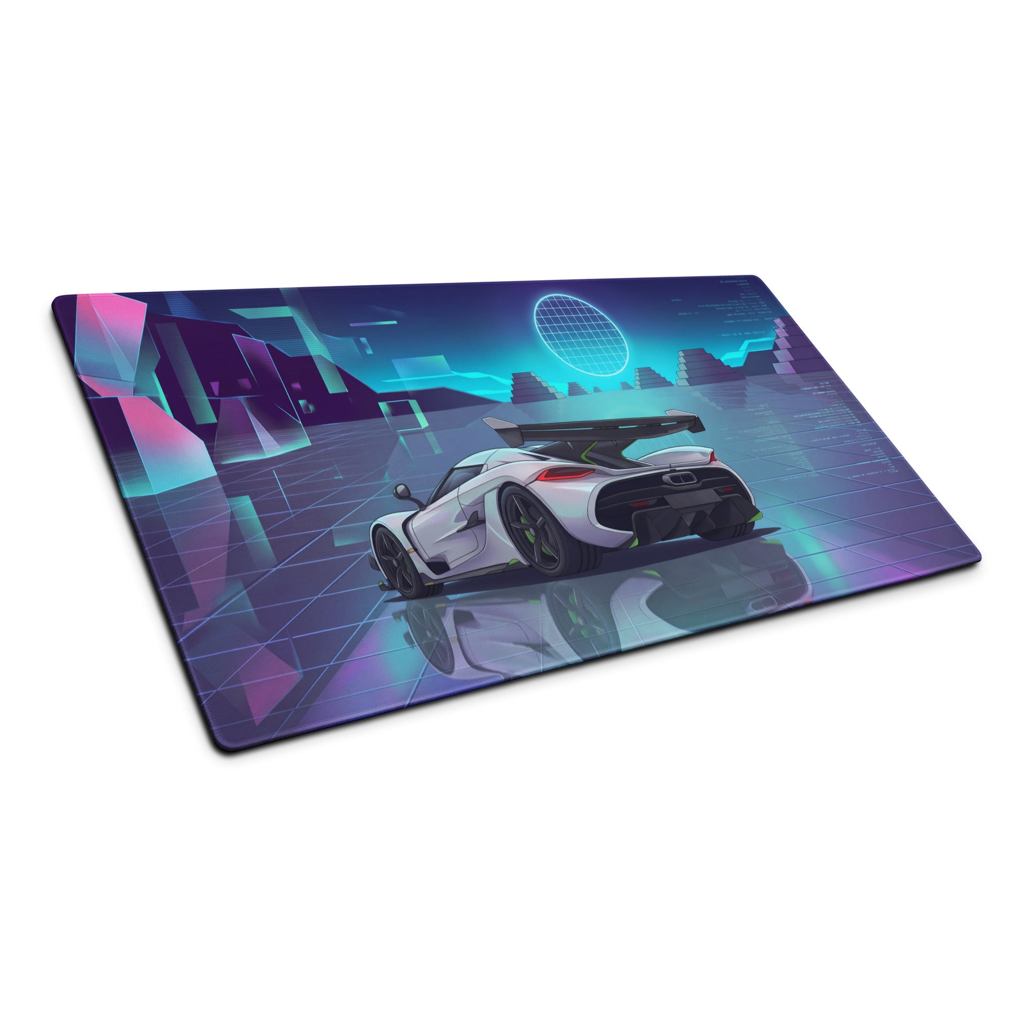 Koenigsegg Jesko Attack Inspired White Cyan Vaporwave Gaming Mouse Pad – Neon Grid Landscape Desk Mat, Retro Futuristic Hypercar Digital Artwork