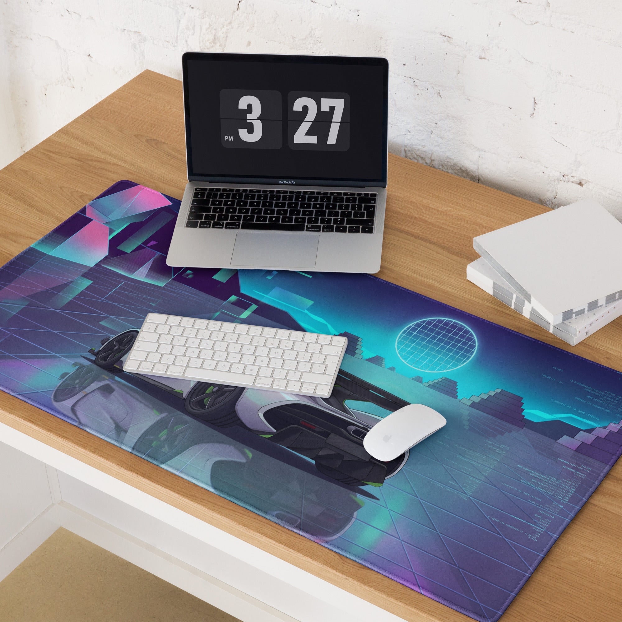 Koenigsegg Jesko Attack Inspired White Cyan Vaporwave Gaming Mouse Pad – Neon Grid Landscape Desk Mat, Retro Futuristic Hypercar Digital Artwork