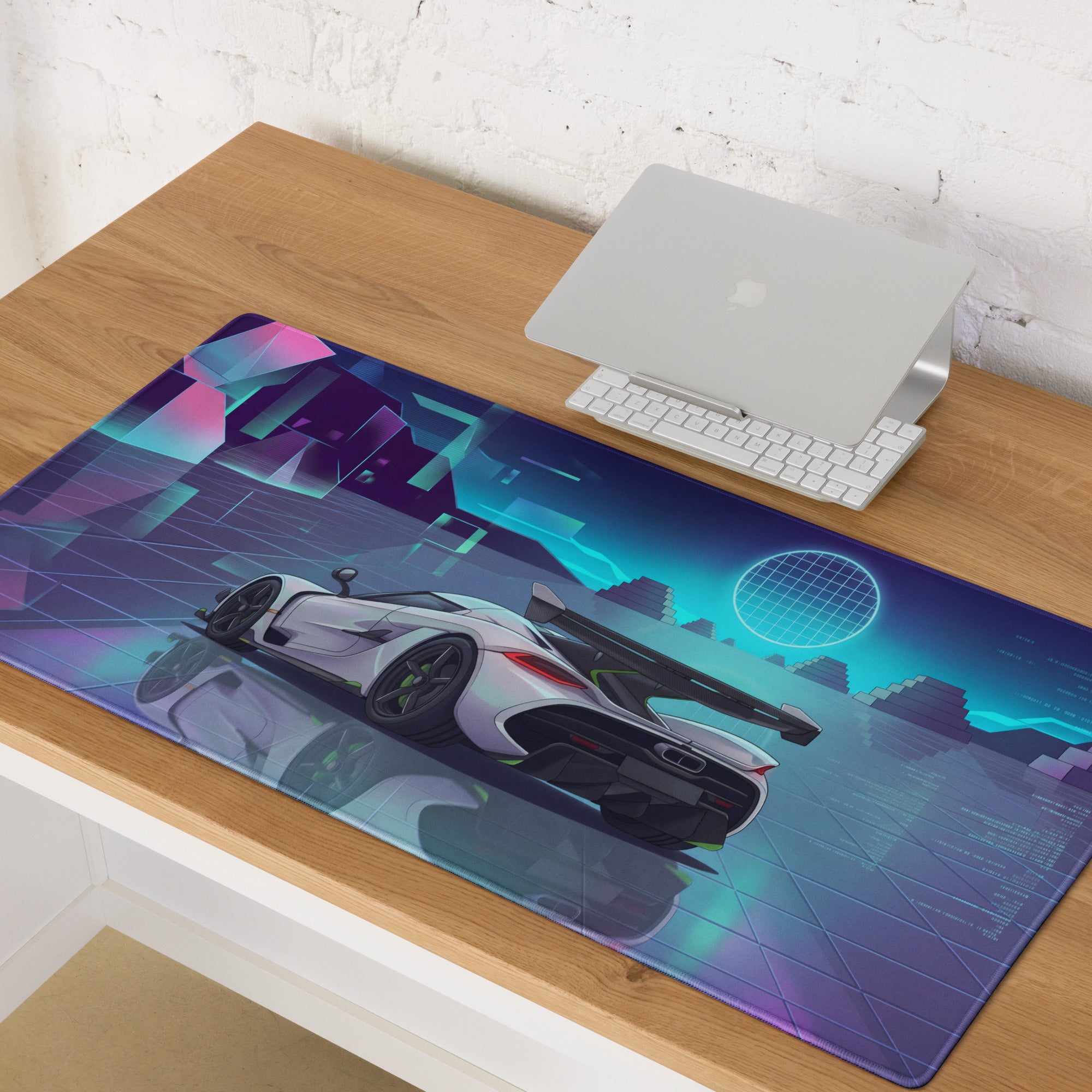 Koenigsegg Jesko Attack Inspired White Cyan Vaporwave Gaming Mouse Pad – Neon Grid Landscape Desk Mat, Retro Futuristic Hypercar Digital Artwork