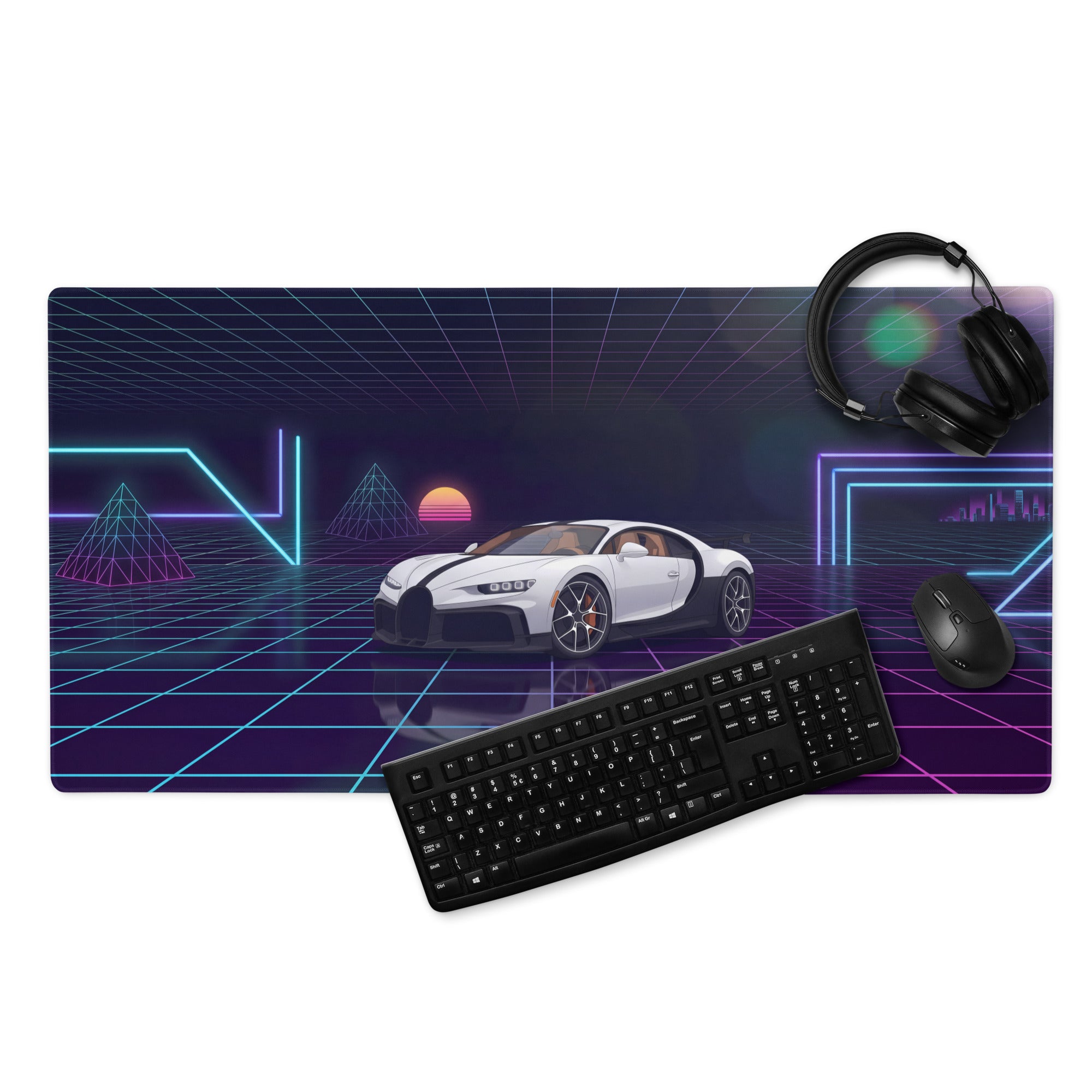 Bugatti Chiron Inspired White Purple Vaporwave Gaming Mouse Pad – Neon Grid Sunset Desk Mat, Retro Futuristic Hypercar Digital Artwork