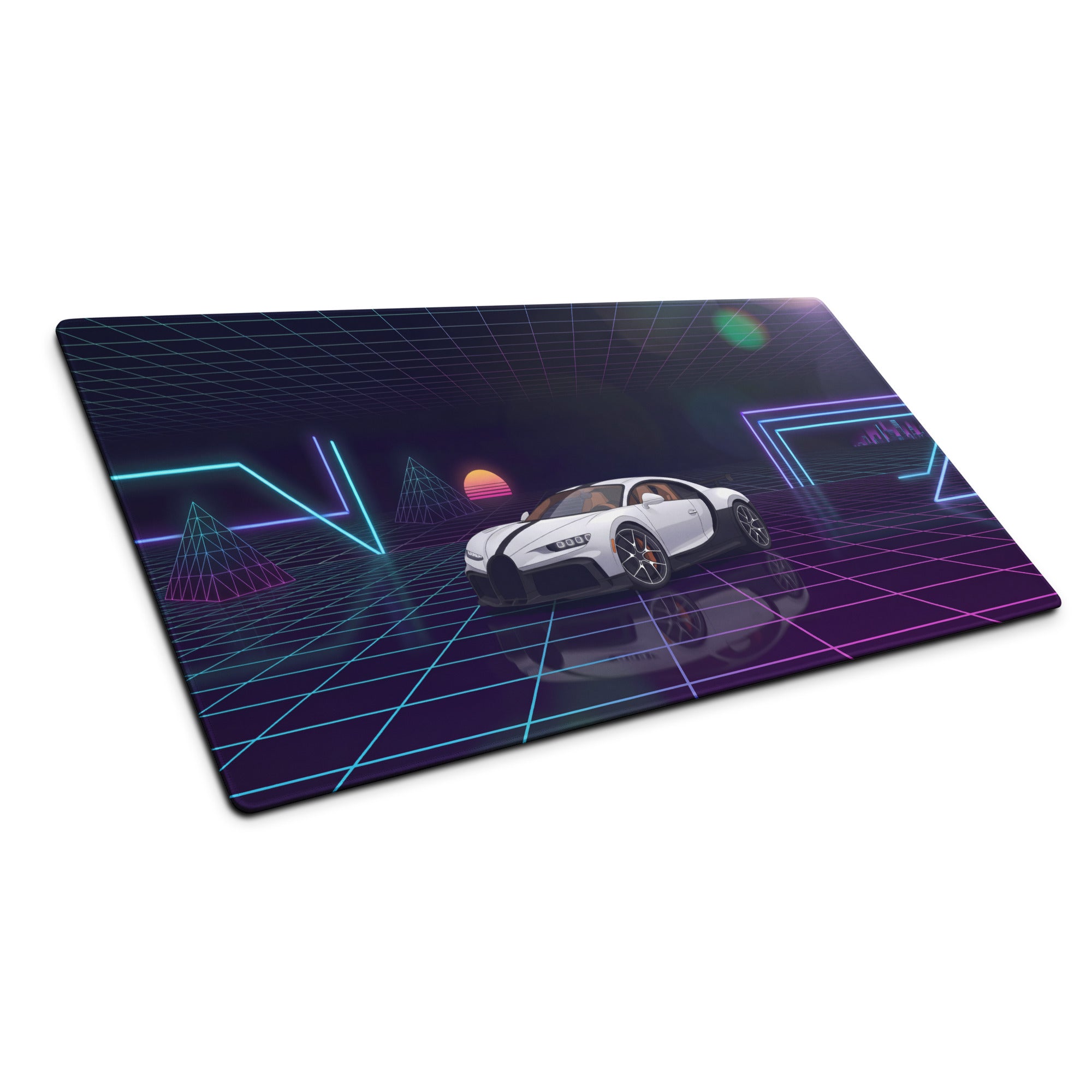 Bugatti Chiron Inspired White Purple Vaporwave Gaming Mouse Pad – Neon Grid Sunset Desk Mat, Retro Futuristic Hypercar Digital Artwork