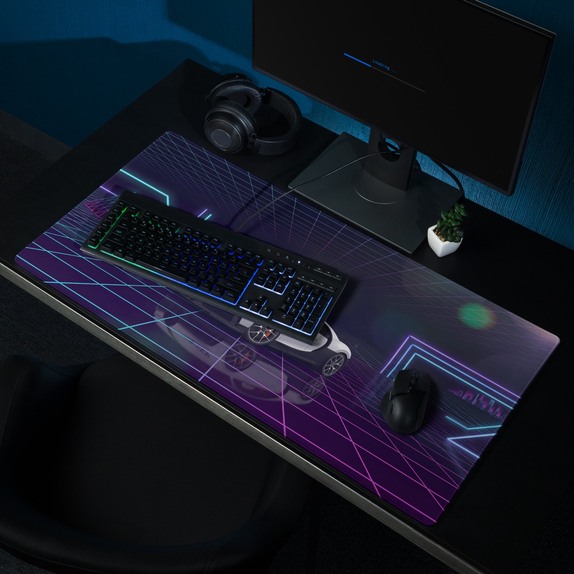 Bugatti Chiron Inspired White Purple Vaporwave Gaming Mouse Pad – Neon Grid Sunset Desk Mat, Retro Futuristic Hypercar Digital Artwork