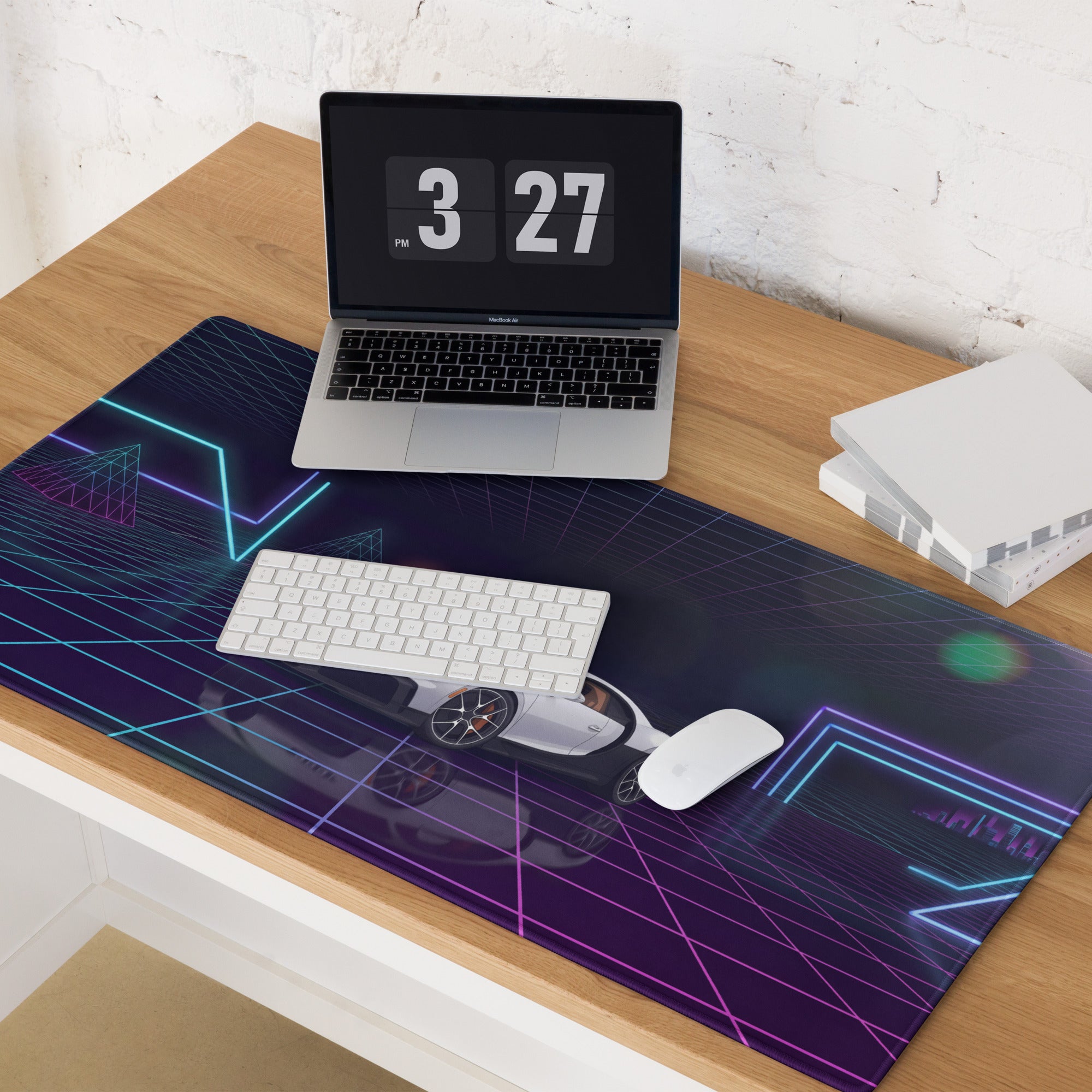 Bugatti Chiron Inspired White Purple Vaporwave Gaming Mouse Pad – Neon Grid Sunset Desk Mat, Retro Futuristic Hypercar Digital Artwork