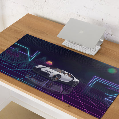 Bugatti Chiron Inspired White Purple Vaporwave Gaming Mouse Pad – Neon Grid Sunset Desk Mat, Retro Futuristic Hypercar Digital Artwork